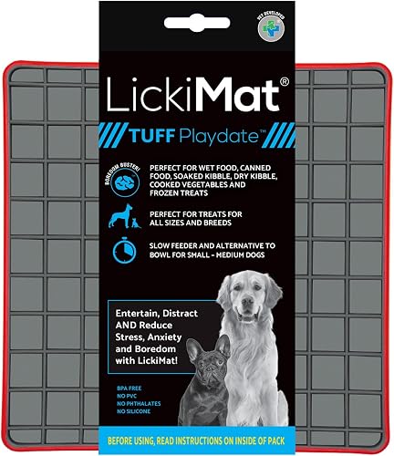LickiMat Tuff, Heavy-Duty Playdate, Dog Slow Feeder Lick Mat, Boredom Anxiety Reducer; Perfect for Food, Treats, Yogurt, or Peanut Butter, Fun Alternative to a Slow Feed Dog Bowl, Red