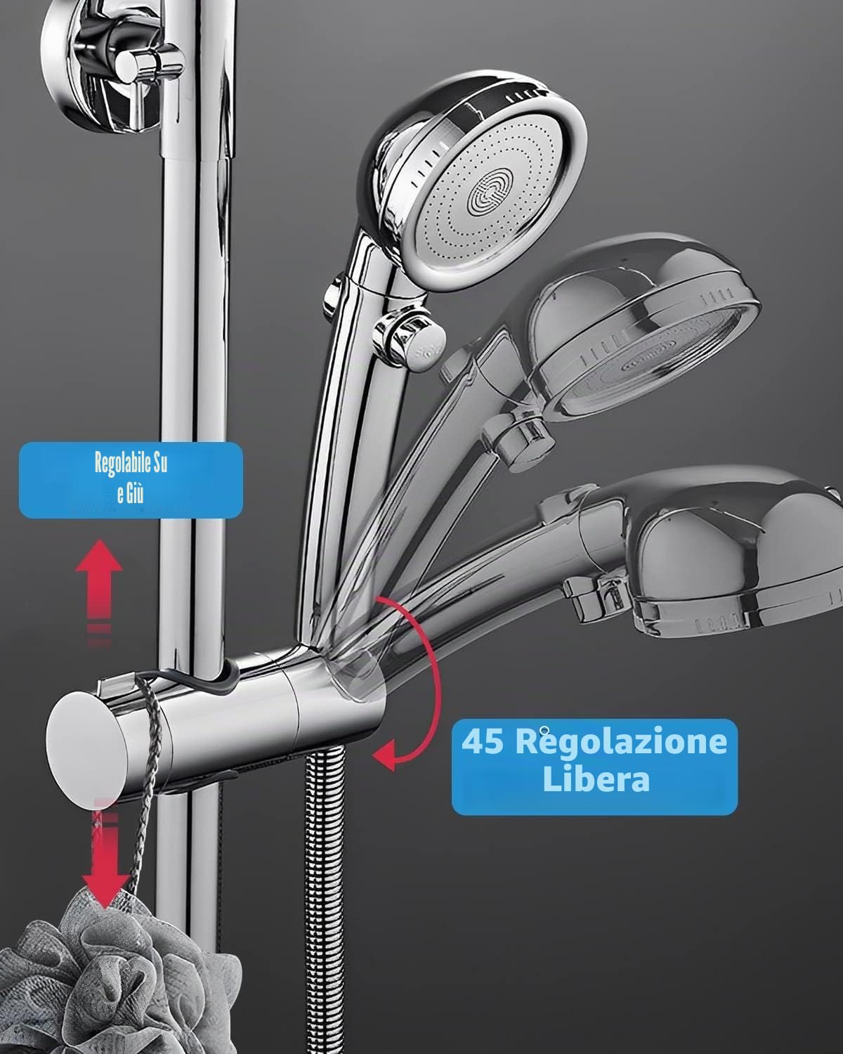 Supporto soffione doccia, supporto soffione doccia per asta scorrevole regolabile 19-25 mm, supporto doccetta scorrevole, supporto doccia girevole a 45° per asta doccia