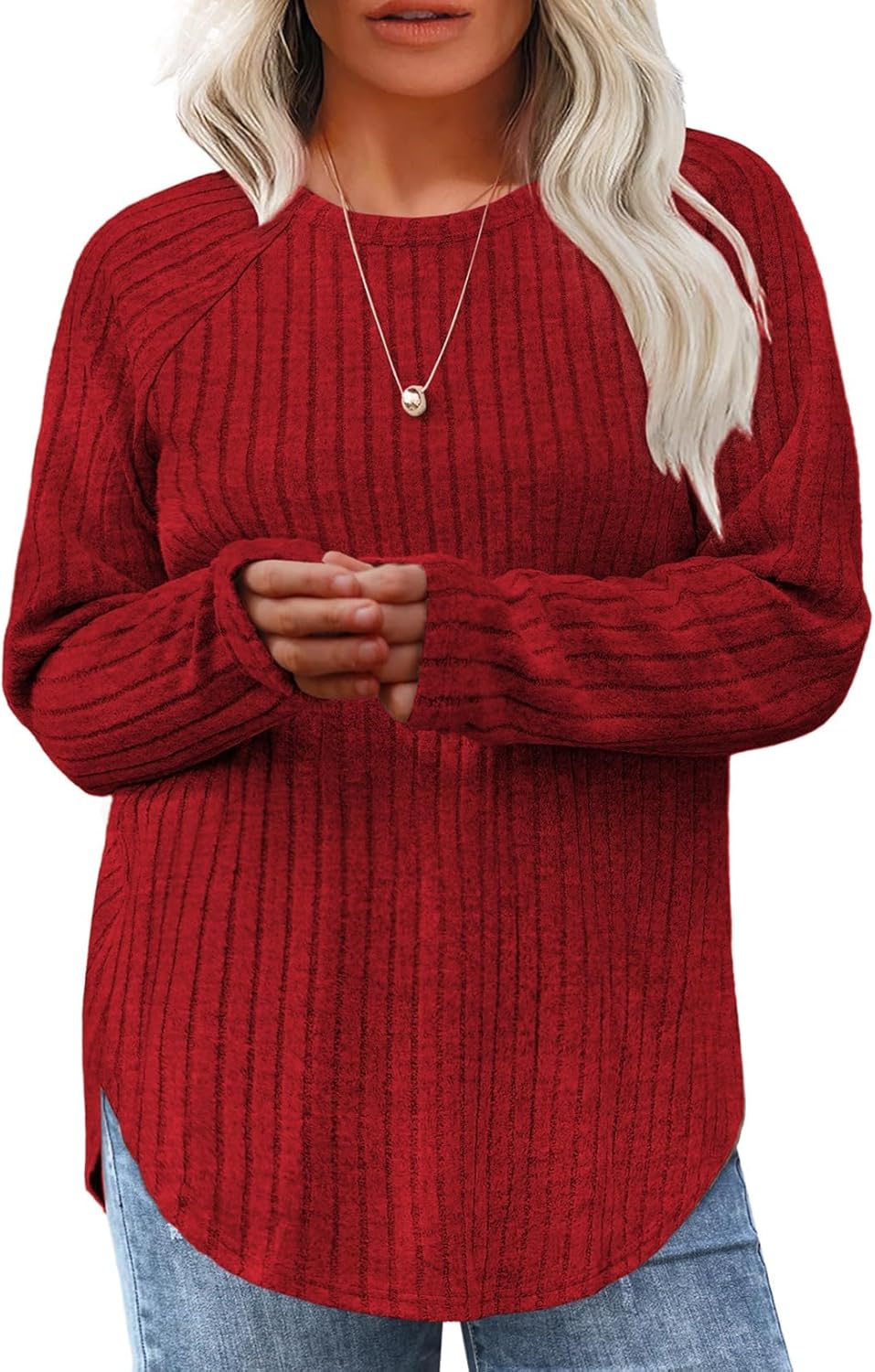 Eytino Plus Size Tops for Women Fall Soft Solid Crewneck Long Sleeve Knitted Pullover Blouses Shirt(1X-5X)