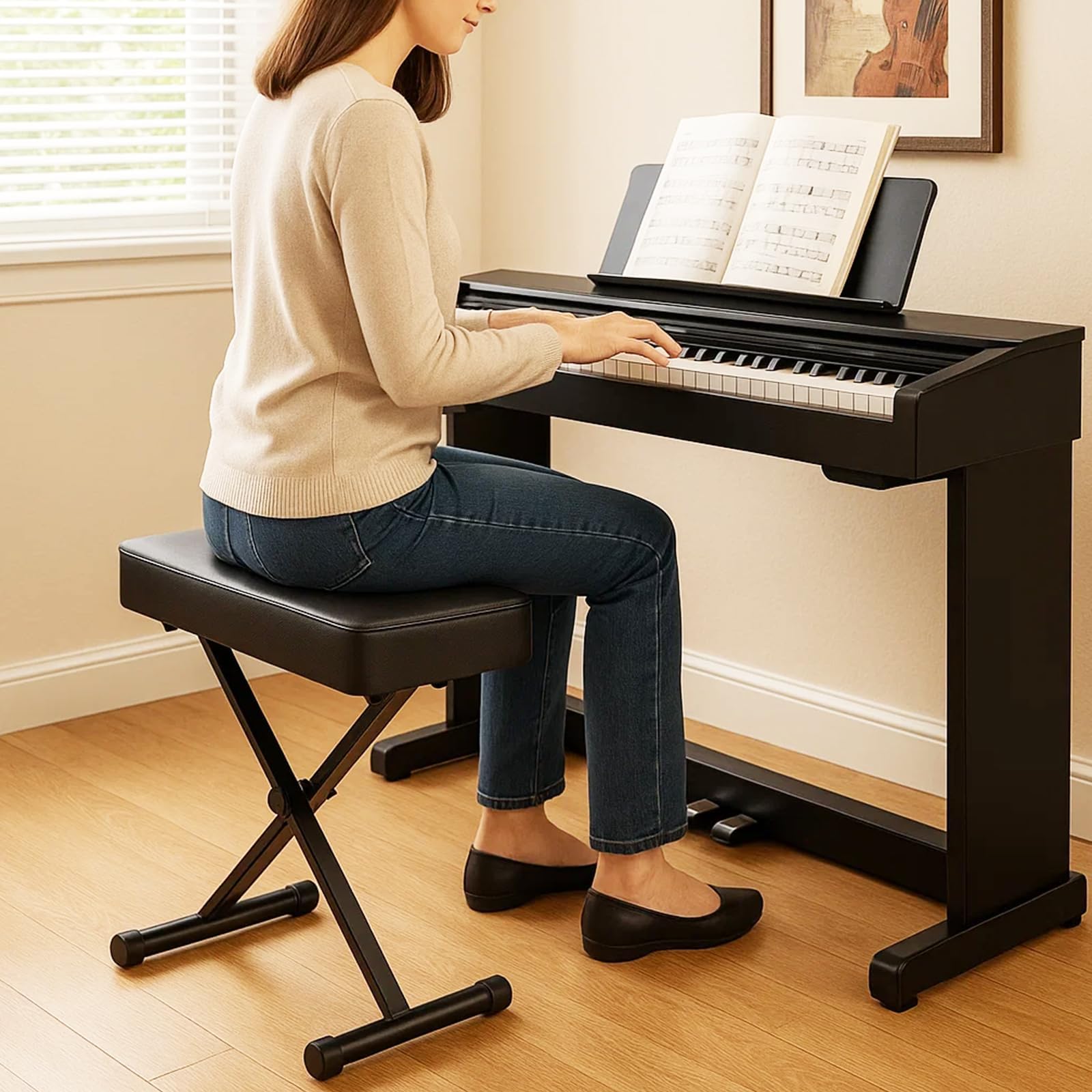 Dhouse Klavierhocker Höhenverstellbar X-Design mit Memory-Schaumsitz & Klappfunktion für Klavier Keyboard