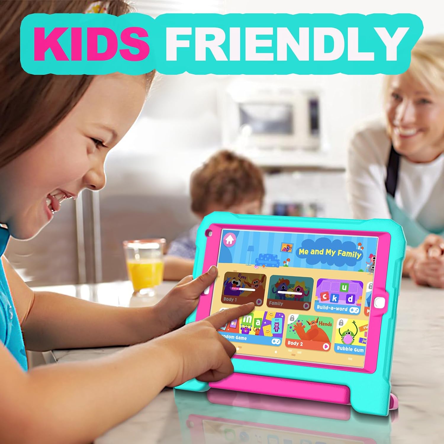 YIHE Kids Case for iPad 9.7 Inch with Screen Protector, Shockproof Handle Convertible Stand Case for iPad 9.7 6th/5th Generation 2018/2017, iPad Air 2/1& iPad Pro 9.7, Cyan&Pink