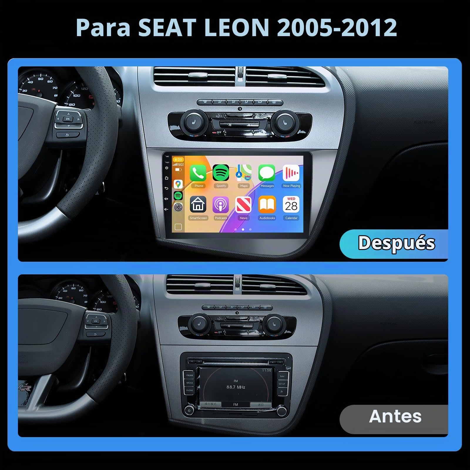 Hodozzy 2G+64G Radio para Seat Leon 2005-2012 con Carplay Android Auto Inalámbrico, Reproductor 2 DIN 9 Pulgadas Pantalla Táctil Radio Coche con GPS Bluetooth WiFi FM/RDS Cámara para Seat Leon 2 MK2