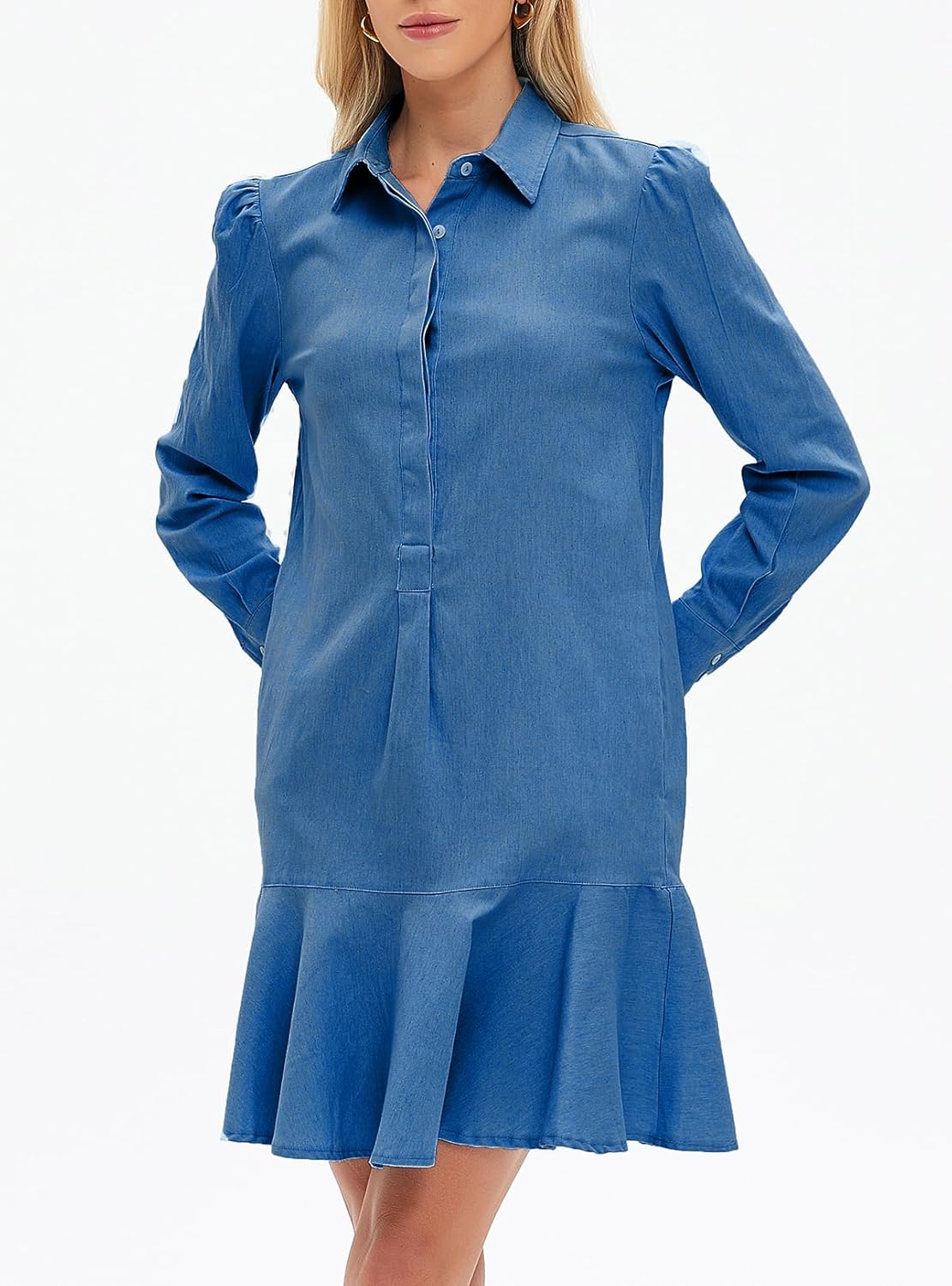 Women Denim Shirt Dress Long Sleeve Ruffle Chambray Jean Mini Dress Button Down 2025 Casual Shift Dresses - Image 4