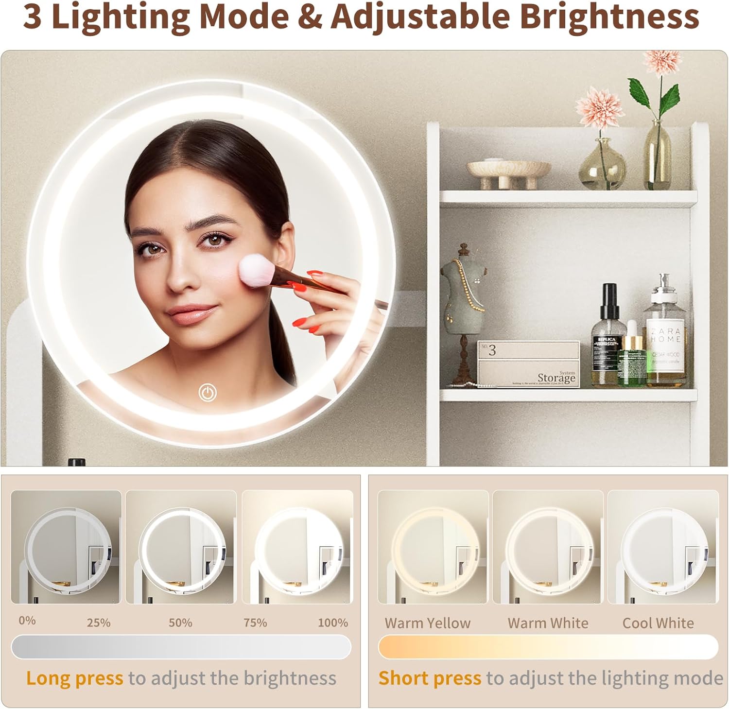 VFK Small Vanity Desk with Mirror and Lights, Makeup Vanity Table with LED Mirror, 3 Lighting Modes, Power Outlet, Drawer, Open Shelves and Cushioned Stool for Bedroom (White)