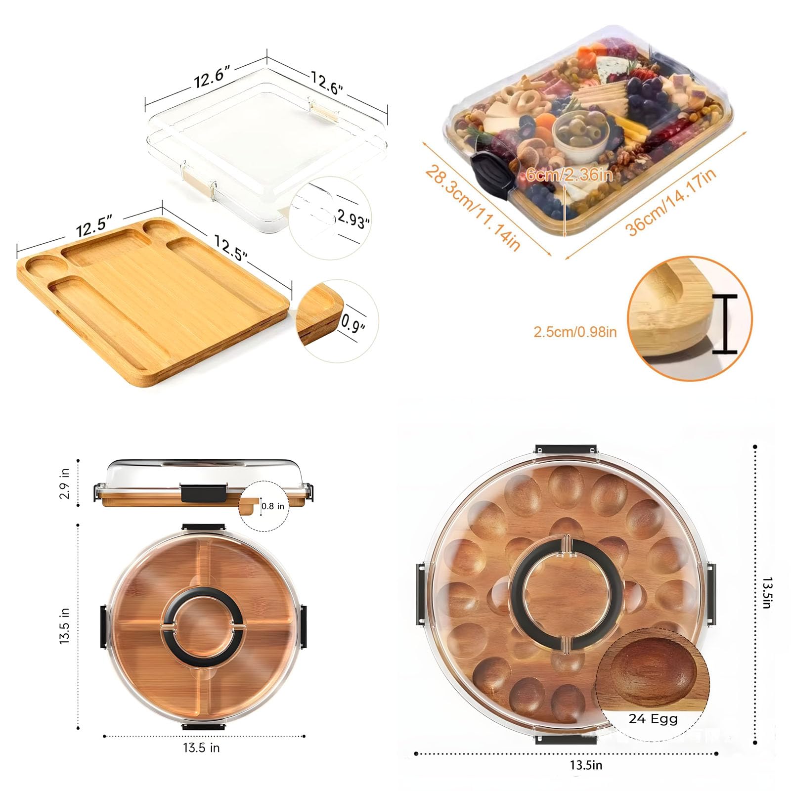 COOLHOOD Plateau à apéritif verrouillable avec tige en polyacrylate - Protection idéale pour les fêtes, les pique-niques, les compartiments séparés - Planches à double usage - Couvercle verrouillable