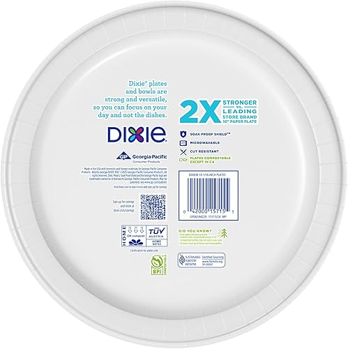 Vista 23 de Dixie Platos de papel grandes, 10 pulgadas, 204 unidades, 2 veces más fuertes, aptos para microondas, a prueba de remojos, resistentes a cortes