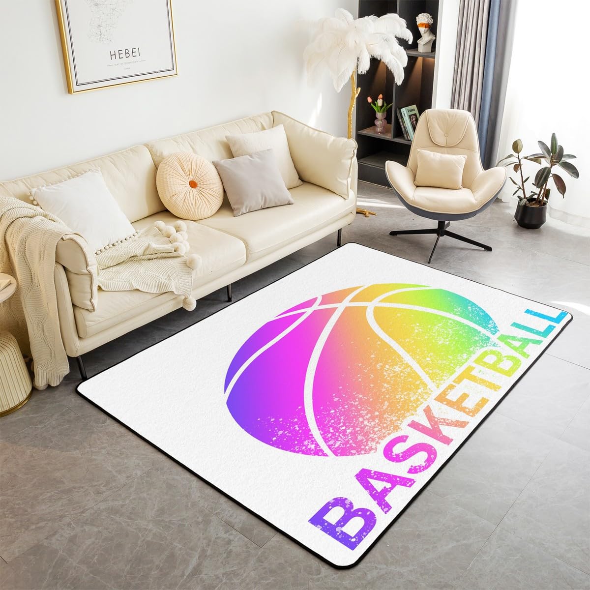 Alfombras de baloncesto infantiles 5x7 pies grandes de temática deportiva morada