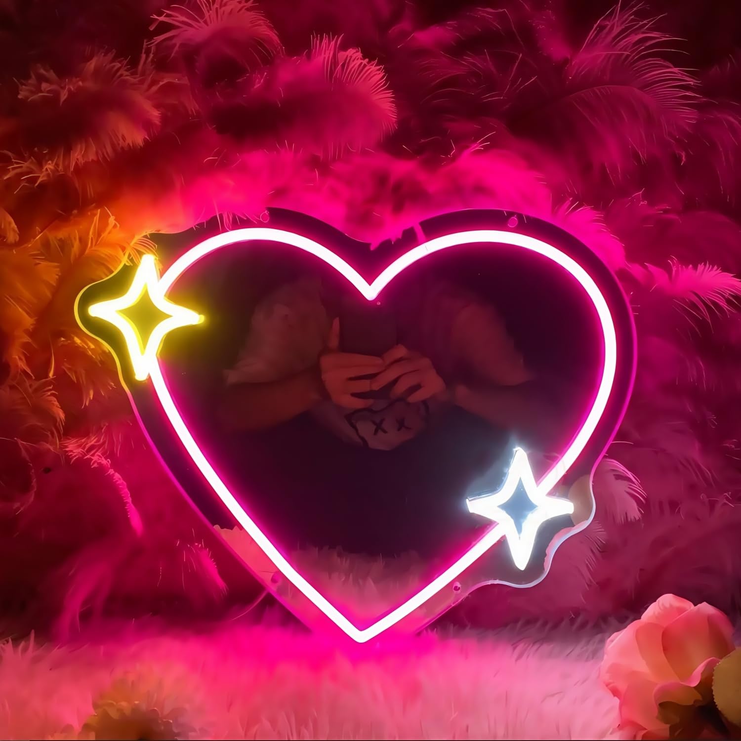 Maimeili LED Mirror Neon Lights Dressing Up Mirror Cat/Shine Heart/Bat/Butterfly Shape Neon Signs Modern Home Girl Room Bathroom Salon Wall Art Decor Gift For Girlfriend USB Powered
