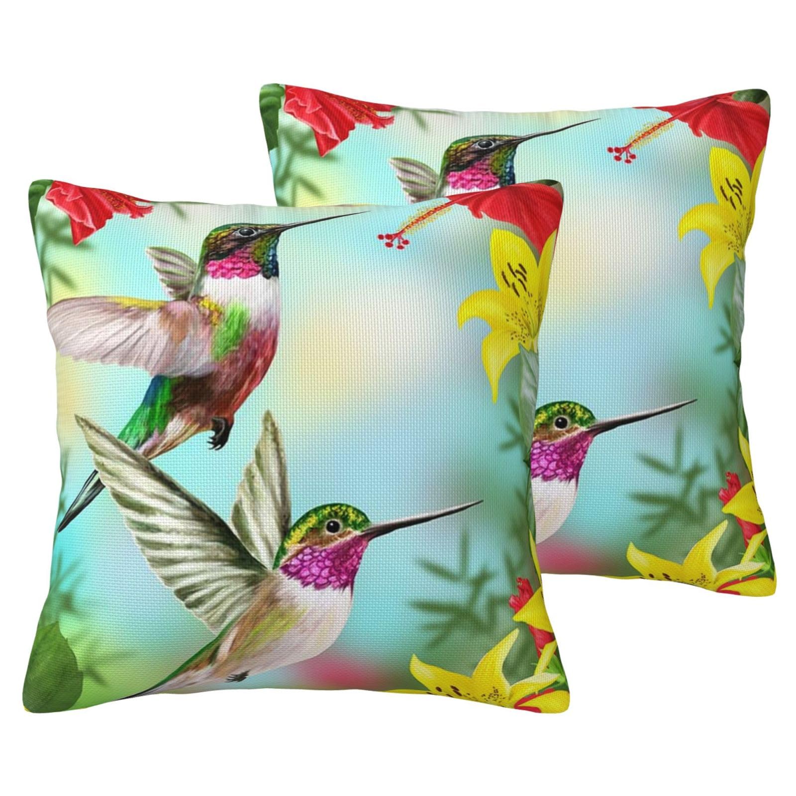 Housses de coussin imprimé tropical rouge motif colibri taie décoration salon effet lin