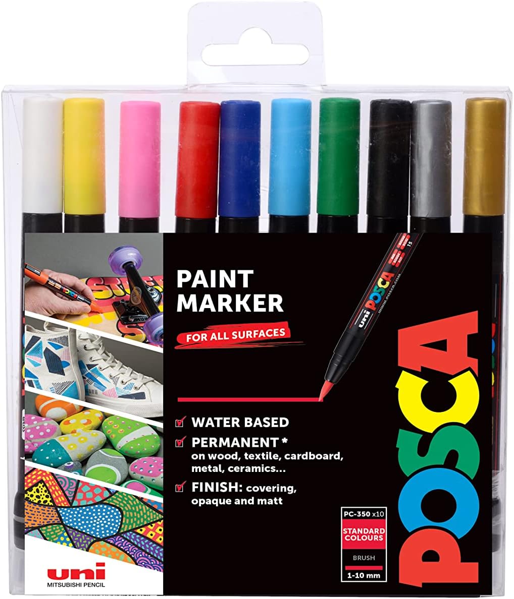 PCF-350 Brush Tip Acrylic Paint Marker Pens, 10 Assorted Colours, For All Surfaces (Pack of 10 Pens)