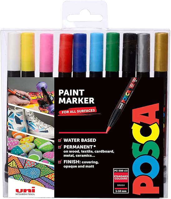 POSCA PCF-350 Water Based Permanent Marker Paint Pens. Premium Fine Brush Tip For Arts And Crafts. Set Of 10 Vibrant Colours