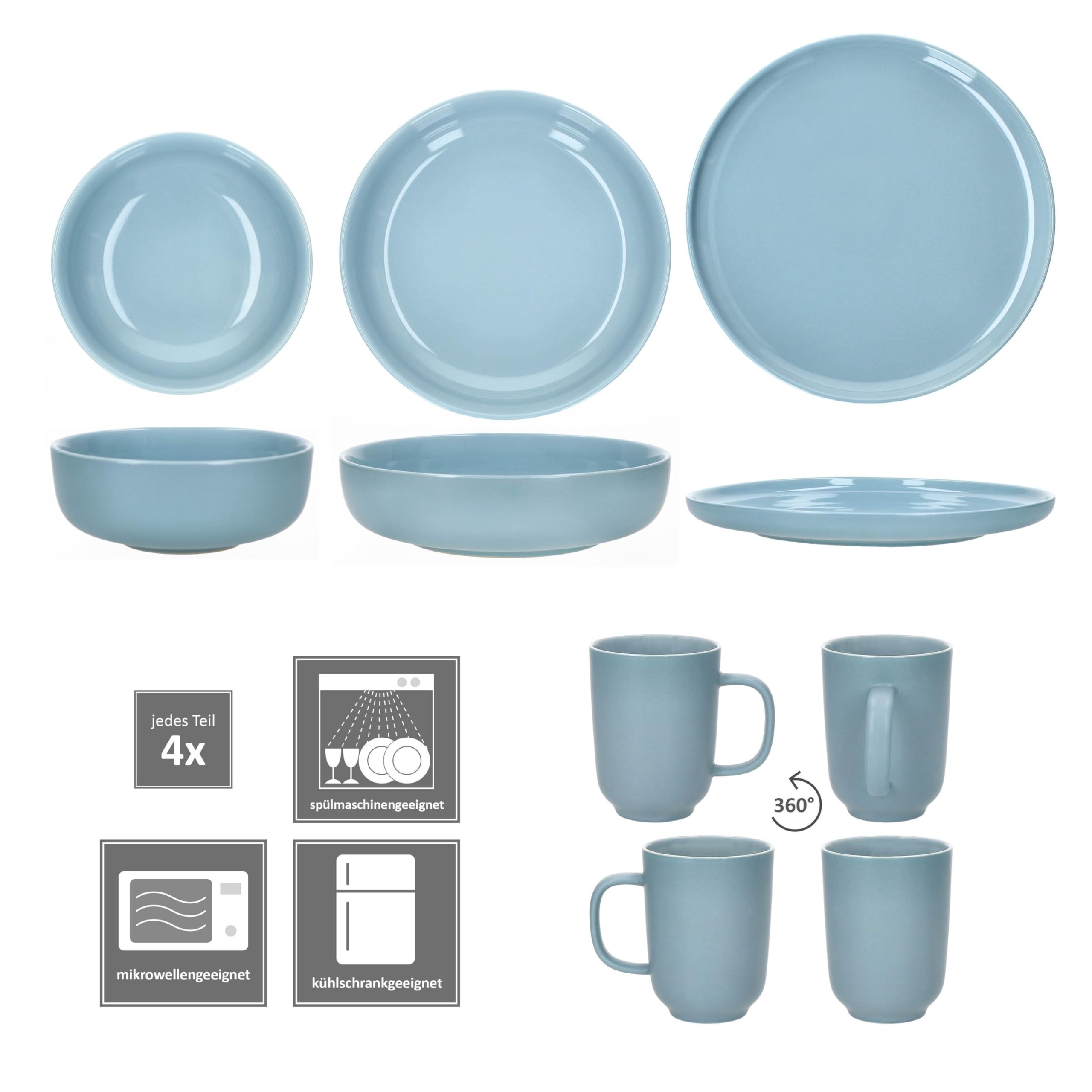 Ritzenhoff & Breker Jasper Service de table combiné 16 pièces pour 4 personnes I Service de table en faïence avec 4 tasses à café de 250 ml, bols de 360 ml, assiettes creuses et assiettes plates I