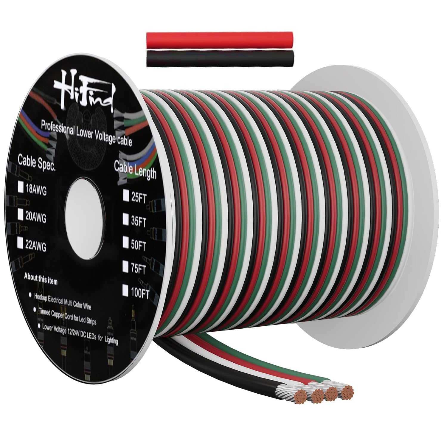 HiFind 22 Gauge 4 Conductor Electrical Wire 50 Ft, 22 AWG 4 Color Stranded Tinned Copper Low Voltage LED Lamp Lighting Strips Automotive Wire, Flexible 12V/24V 4 Pin RGB Extension Cable Line Cord