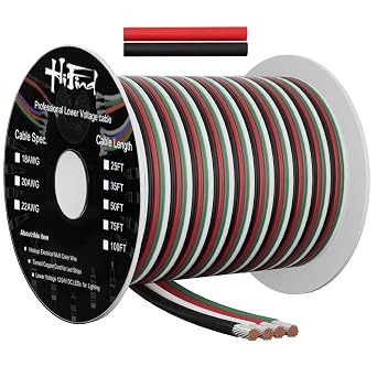 HiFind 22 Gauge 4 Conductor Electrical Wire 75 Ft, 22 AWG 4 Color Stranded Tinned Copper Low Voltage LED Lamp Lighting Strips Automotive Wire, Flexible 12V/24V 4 Pin RGB Extension Cable Line Cord