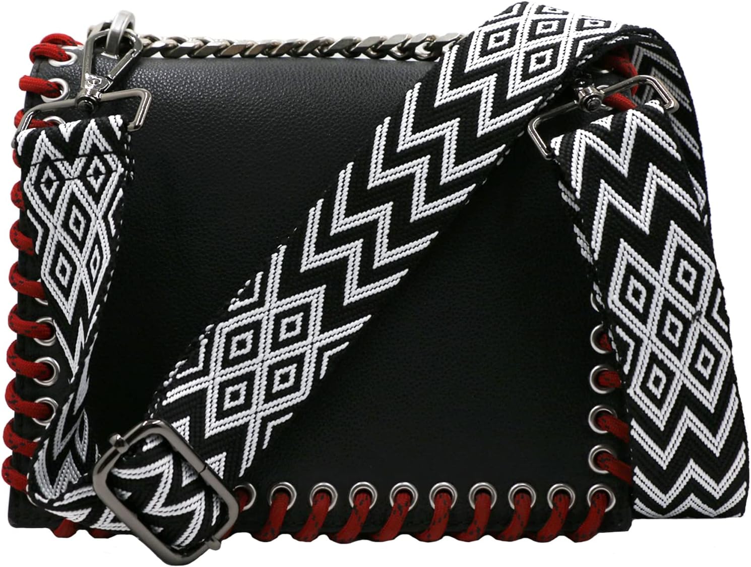 Shoulder Strap for Bags, Width 3.8 cm, Boho Bag Strap, Adjustable 80-141 cm, Shoulder Strap with Carabiner for Shoulder Bags, Crossbody Bags, Handbags (Black)