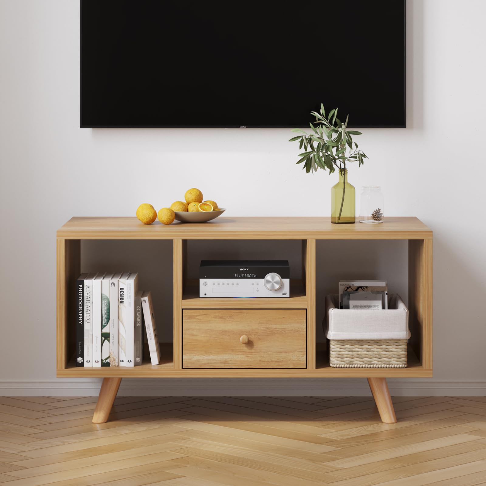 Amazon Brand - Umi Engineering Wood Floor Standing TV Entertainment Unit Set Top Box Stand TV Cabinet with Shelves for Books & Décor Display Unit, Upto 55 Inches - TVU-007 (110 * 40 * 45 cm)