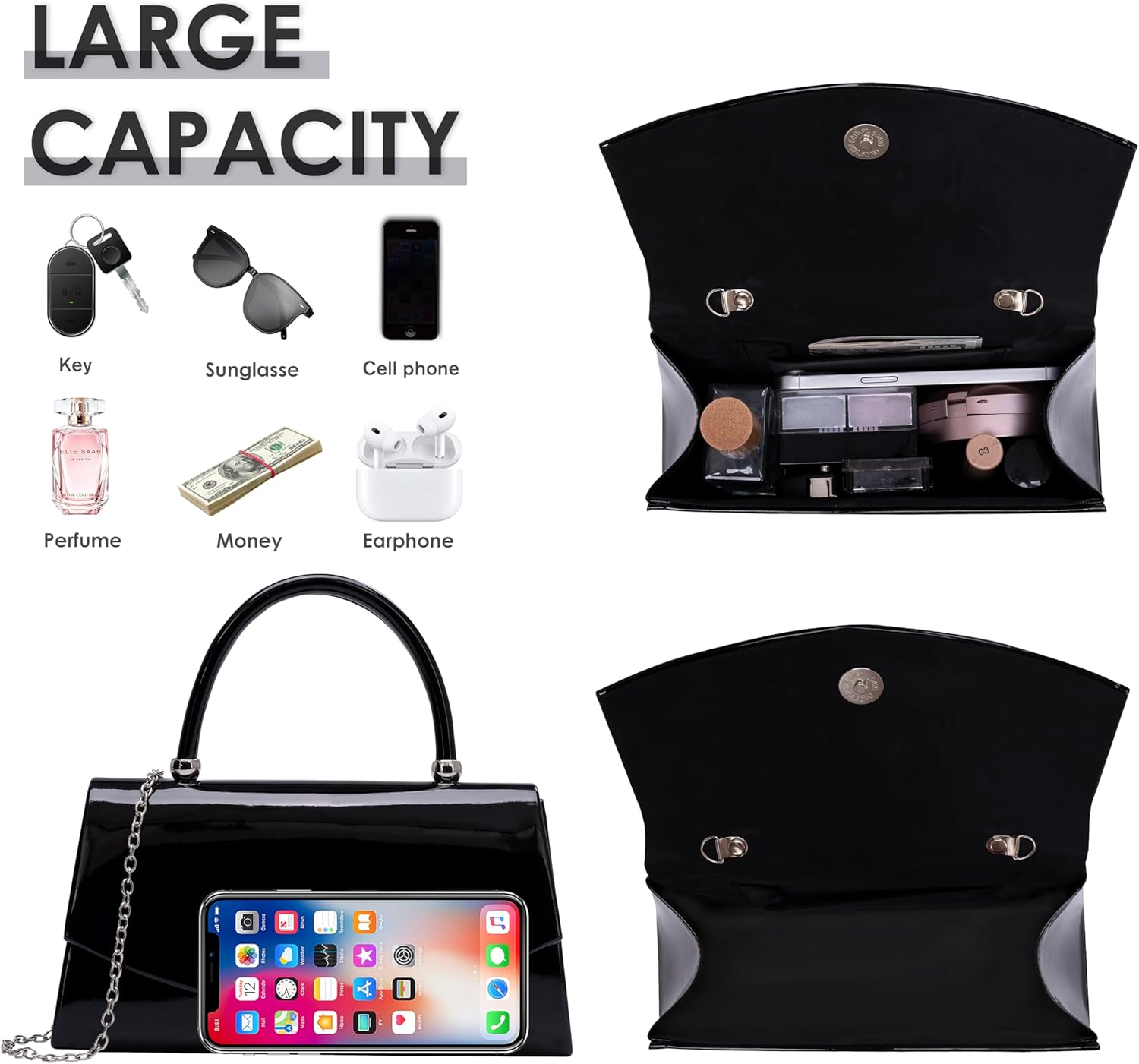 Larcenciel Women's Evening Handbags, Glitter Top Handle Evening Clutch Purse w/Chain for Party Prom Wedding Cocktail Club