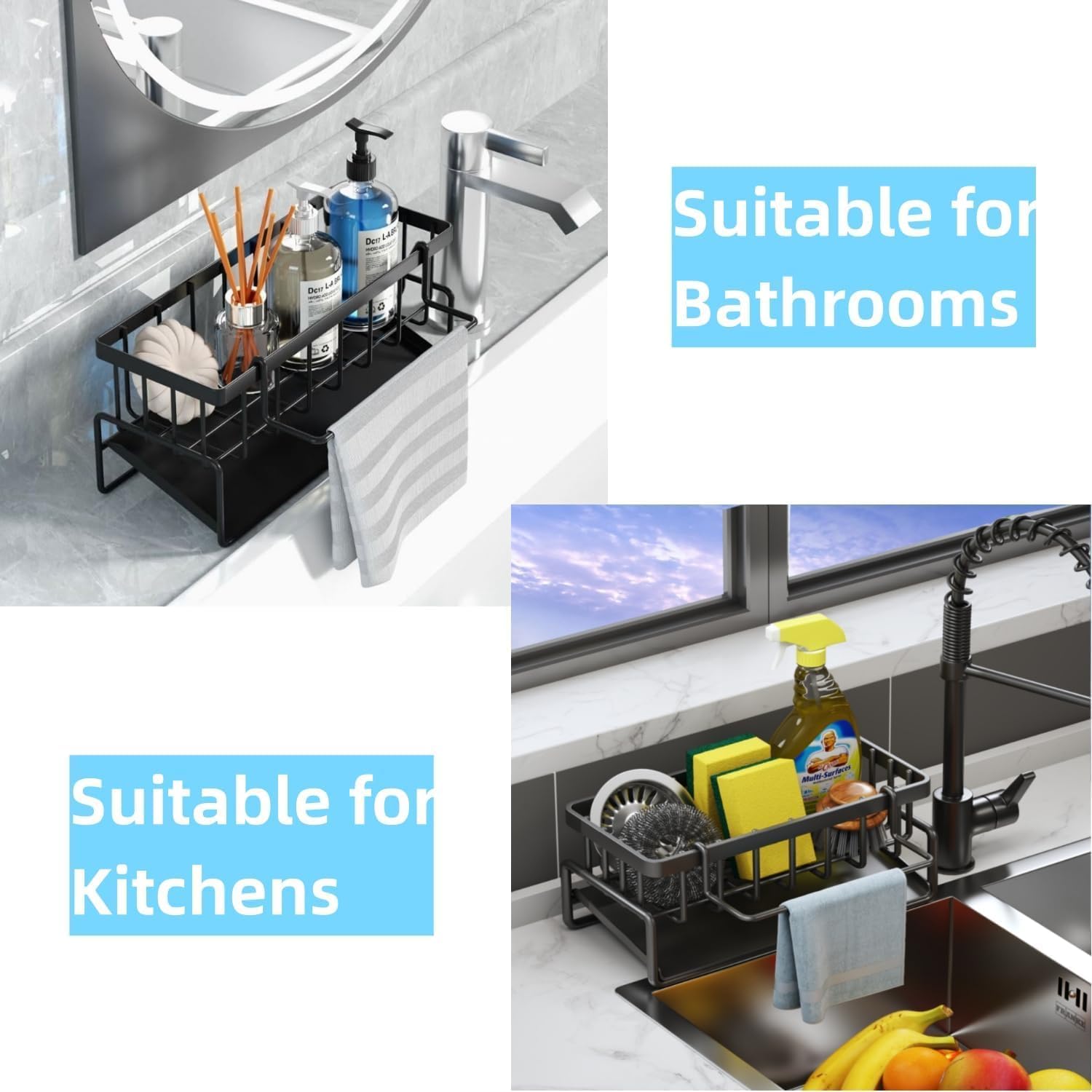 BLUE CRANE Metal Sponge Holder for Kitchen Sink - Auto-Draining Sink Organizer Caddy with Soap Tray, Dish Brush & Towel-Bar Holder, Kitchen Storage Rack (MATTE BLACK) 3