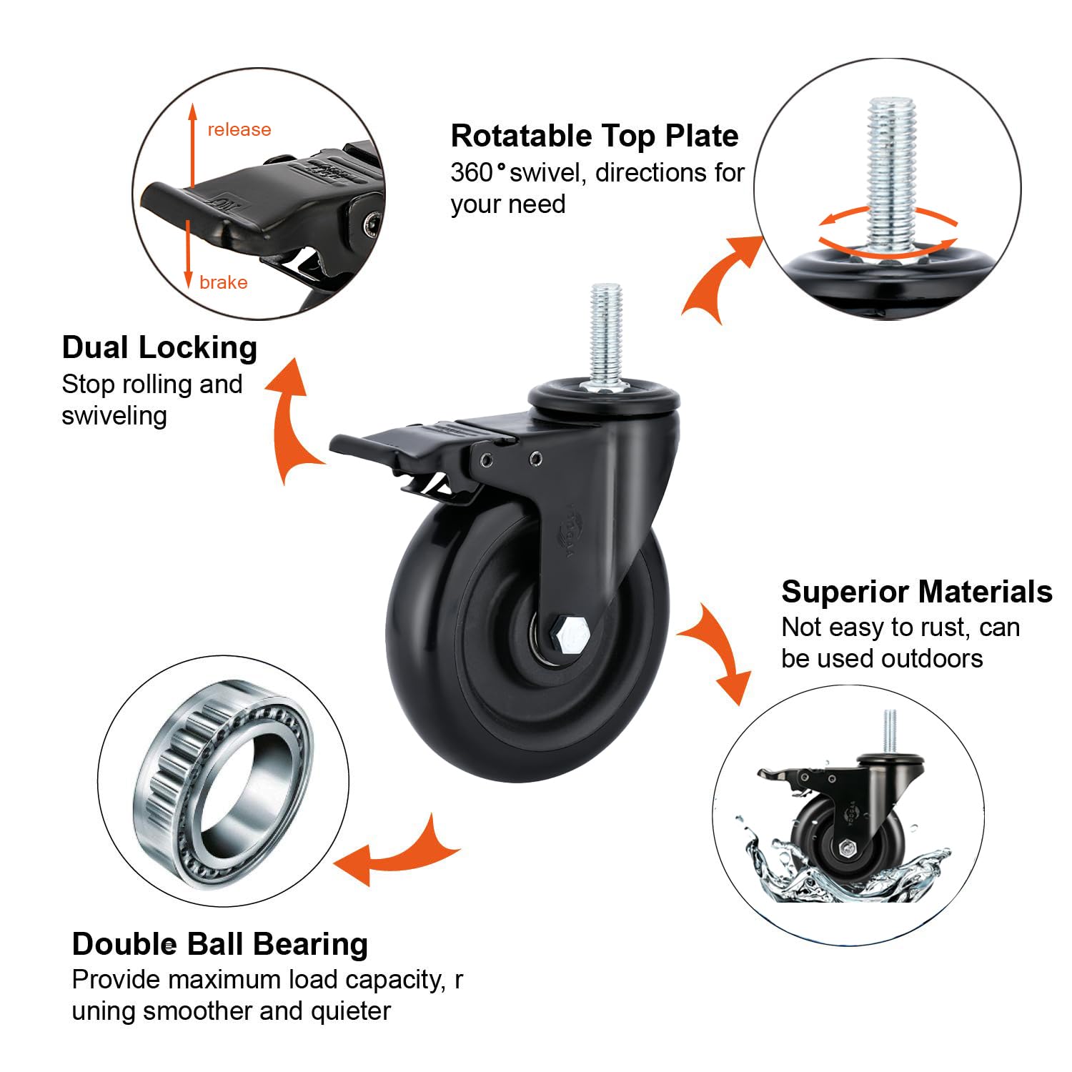 Stem Caster Wheels 5 inch Casters with Safety Dual Locking 1500Lbs Heavy Duty Threaded Stem Casters No Noise Swivel Castors with Brakes 1/2”-13x1.5”