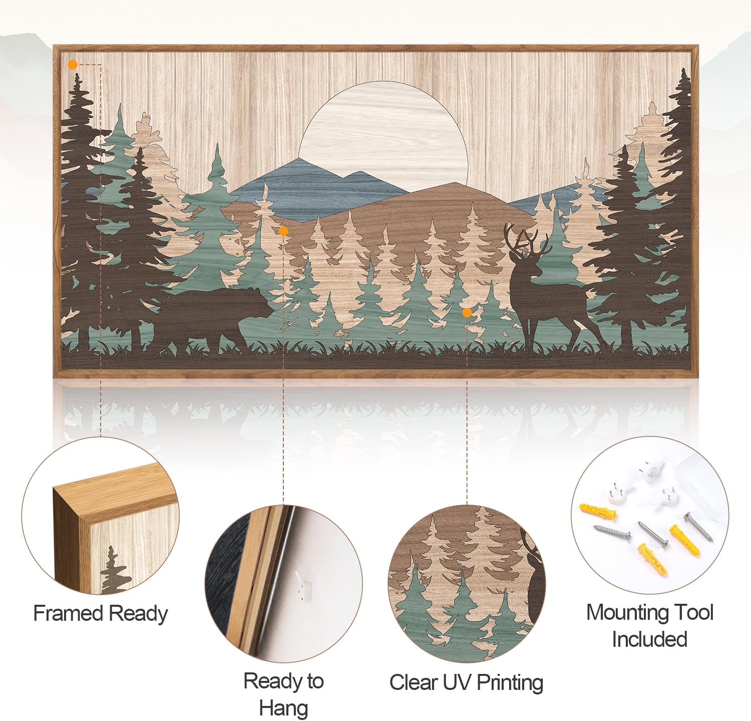 CHDITB Mountain Sun Forest Framed Art Prints(Set of 3, 24”x36”), Boho Watercolor Nature Landscape Canvas Artwork Painting, Abstract Foggy National Park Scenery Poster Decor for Living Room Bedroom