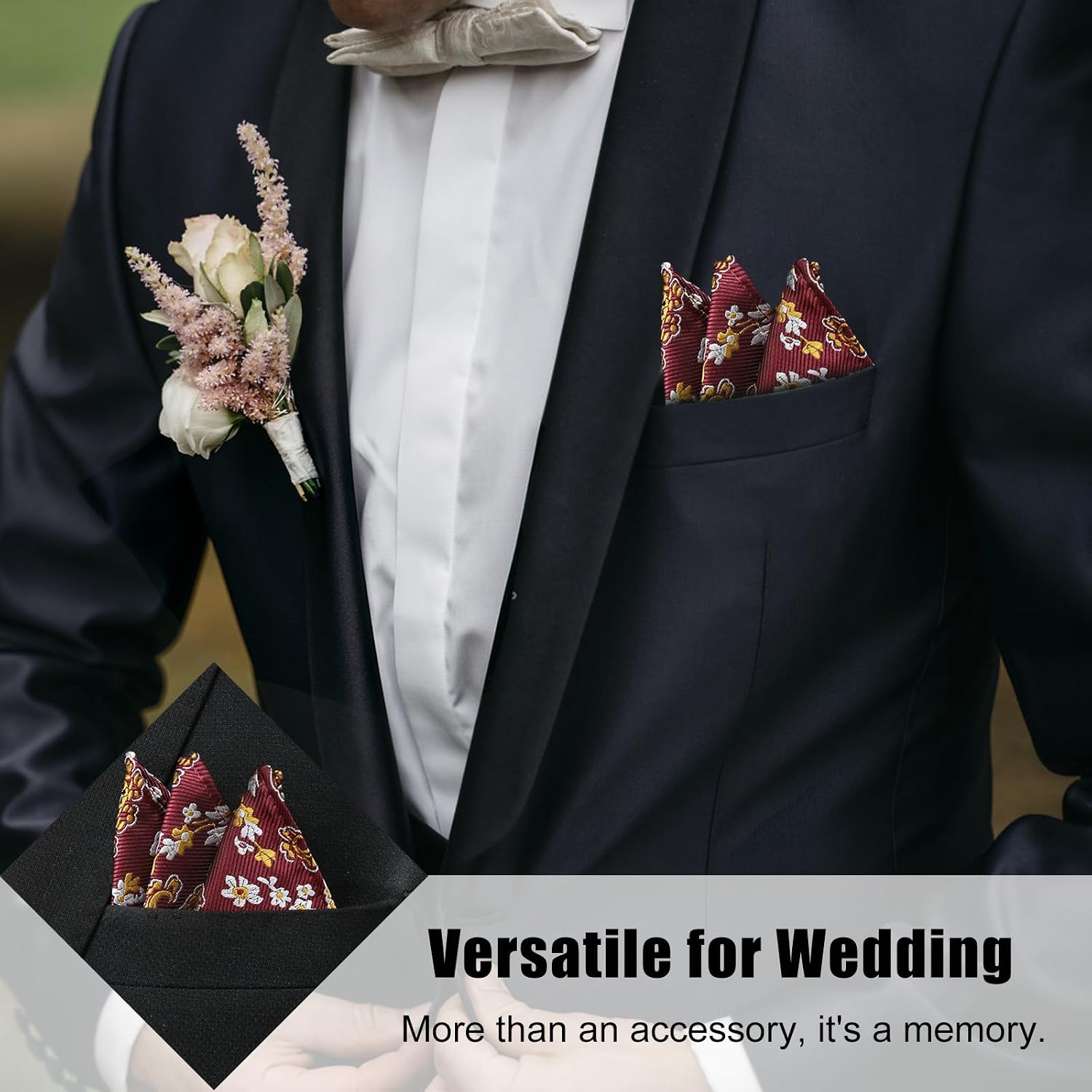 Paisley Pocket Squares for Men, Satin Suit Handkerchiefs with Holder for Wedding Business Prom Accessories
