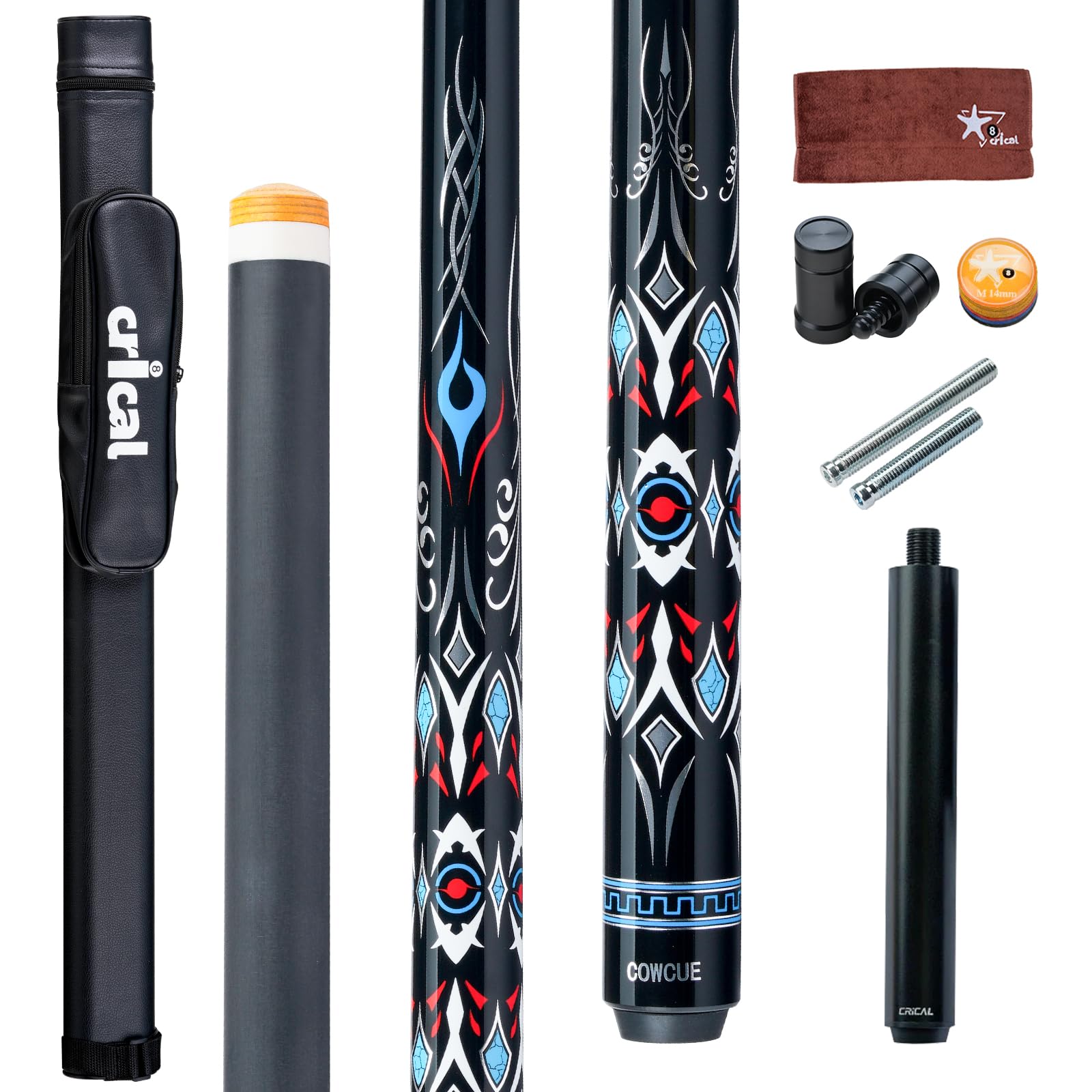Carbon Fiber Pool Cue COWCUE Series Low Deflection Billiards Cue Stick 58" Professional Pool Table Sticks for Adults -12.5mm Tip, Weight 19OZ (Adjustable), 3/8 * 8 Joint