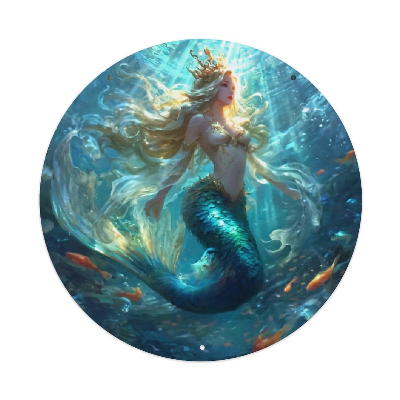 Mermaid Underwater Fantasy Artwork Retro Metal Sign Round Tin Sign, Vintage Decor Art Poster for Bar, Home, Man Cave, Kitchen, Laundry Room Gift 8x8Inch