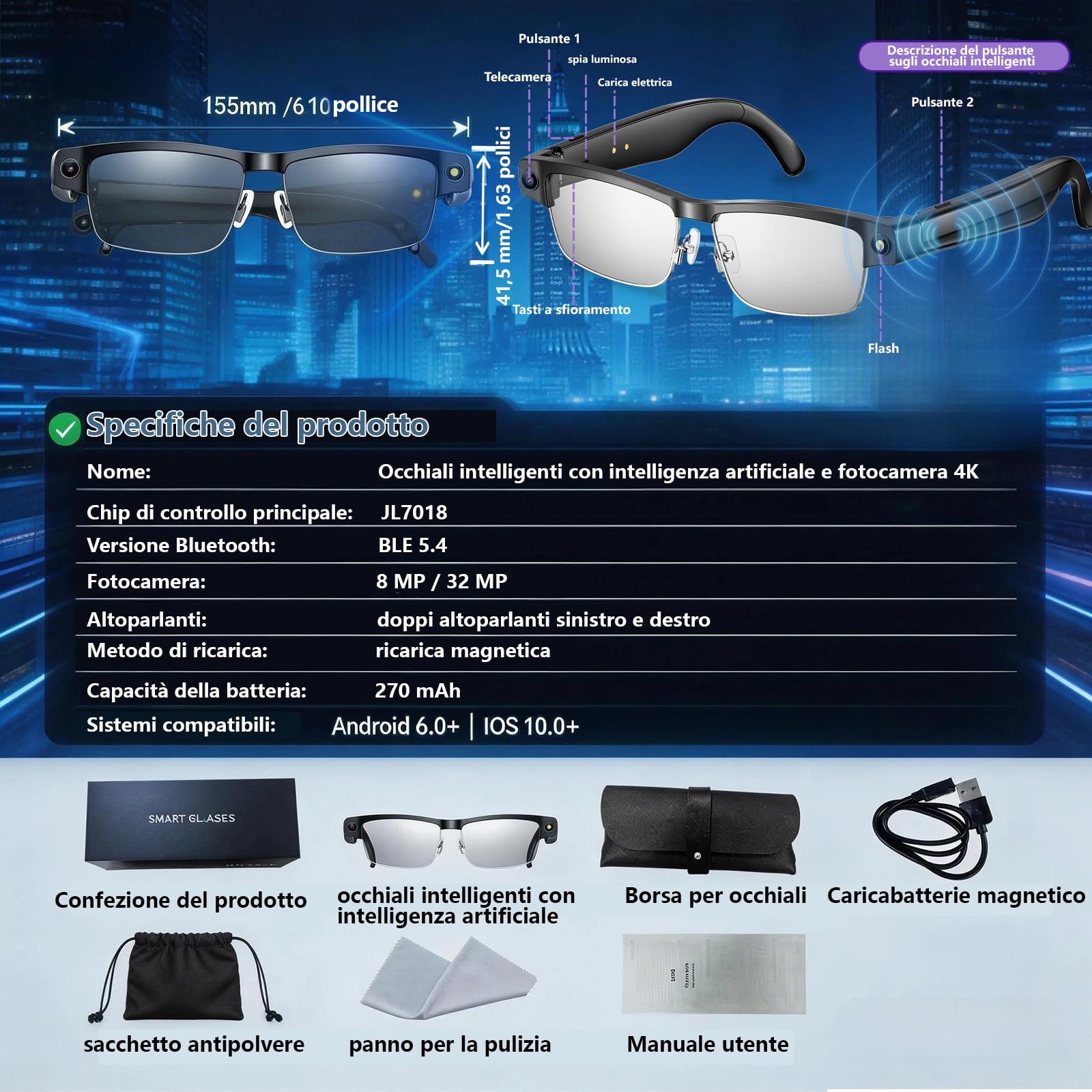 Occhiali Intelligenti AI con Fotocamera 4K, 8MP HD Video Anti-Vibrazione/GPT Vision/Comando Vocale AI, Chiamate e Traduzione BT Doppio Nitido (L802)