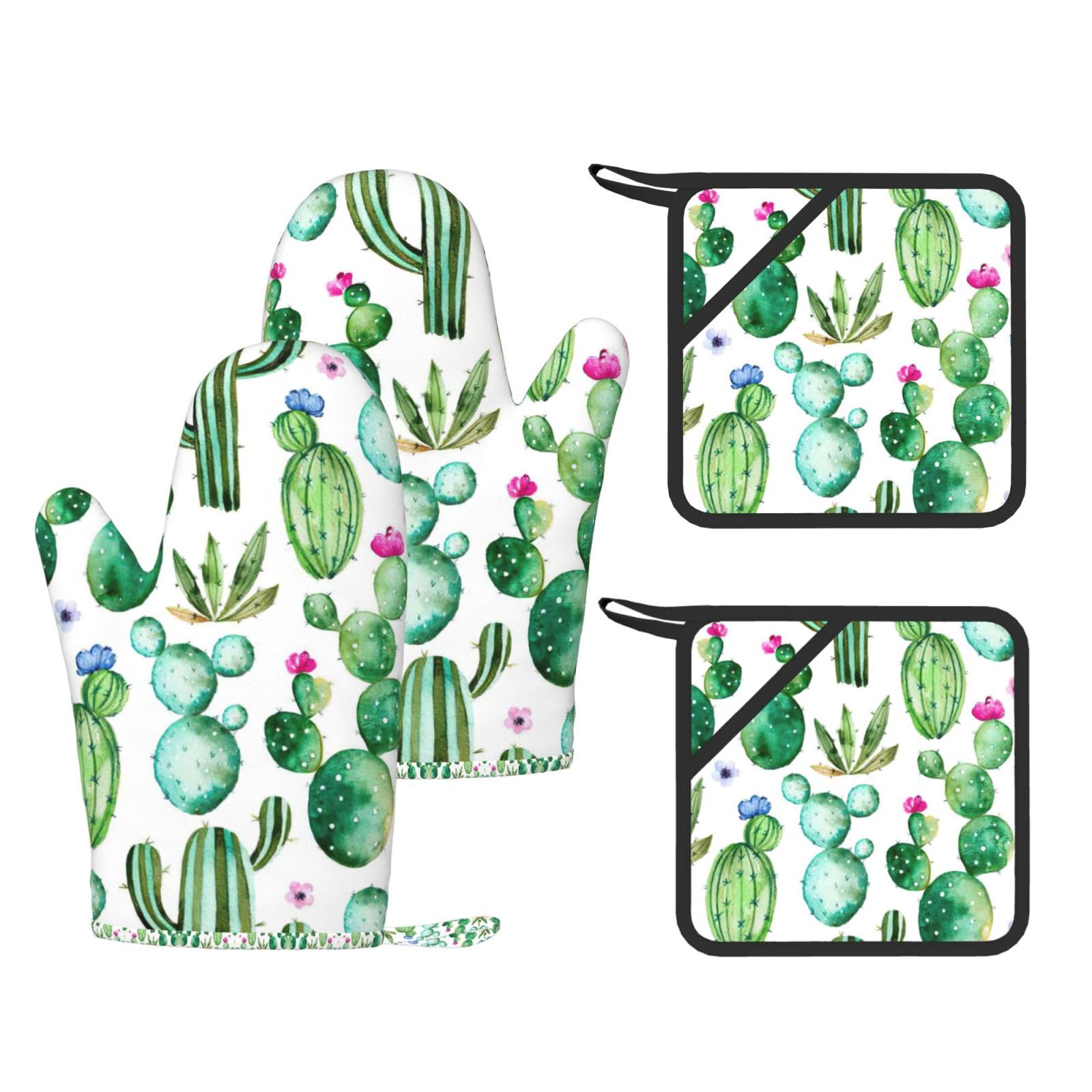 Eeprty Black Cactus Flower Printed Kitchen Oven Gloves And Potholder 4 Pcs, Non-Slip Heat Resistant Mitts For Baking Chef