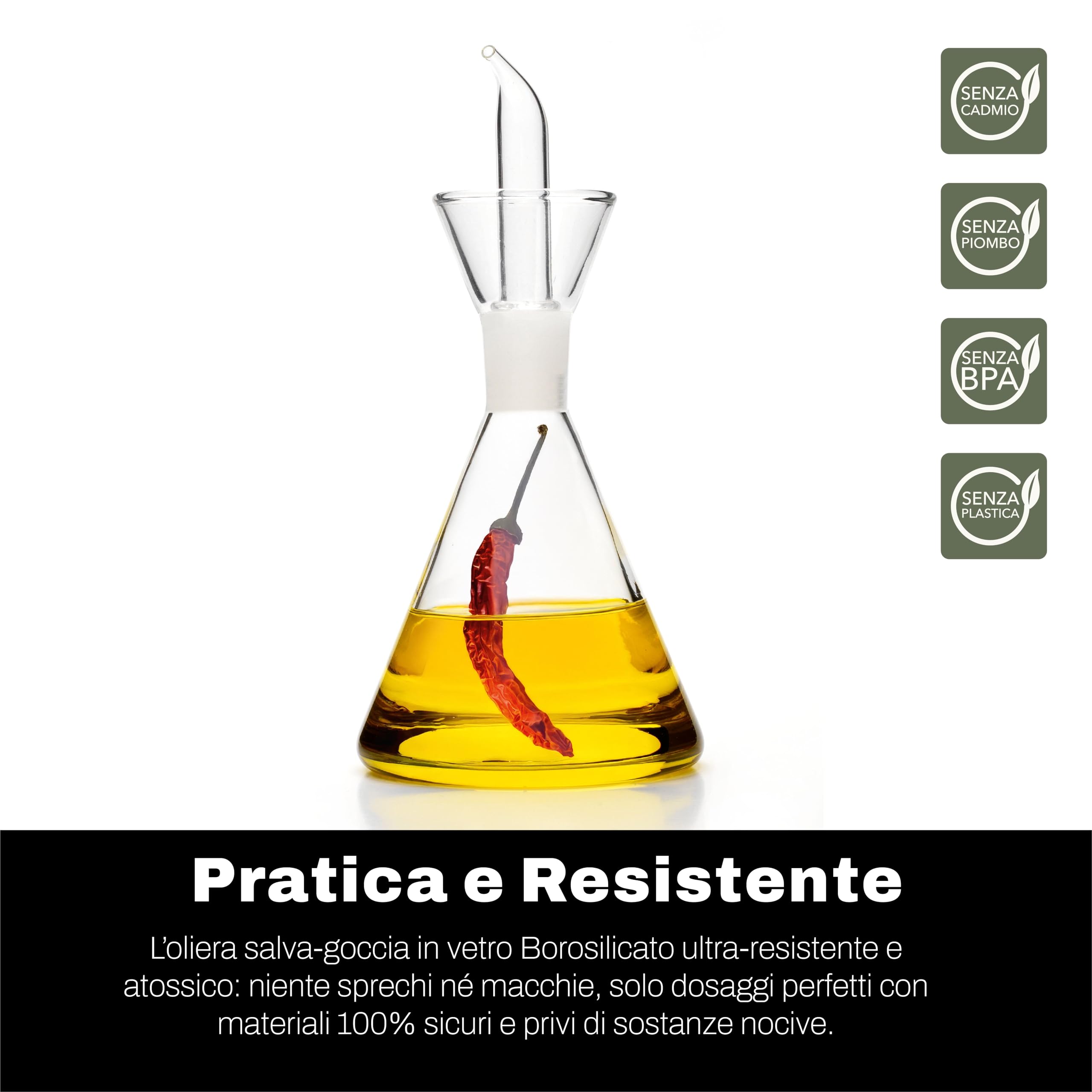 CLASSE ITALY Ölkanne aus Borosilikatglas, 250 ml, konisch, inkl. Ersatzausgießer, patentierter Tropfverschluss, BPA- und bleifrei, 2 Stück