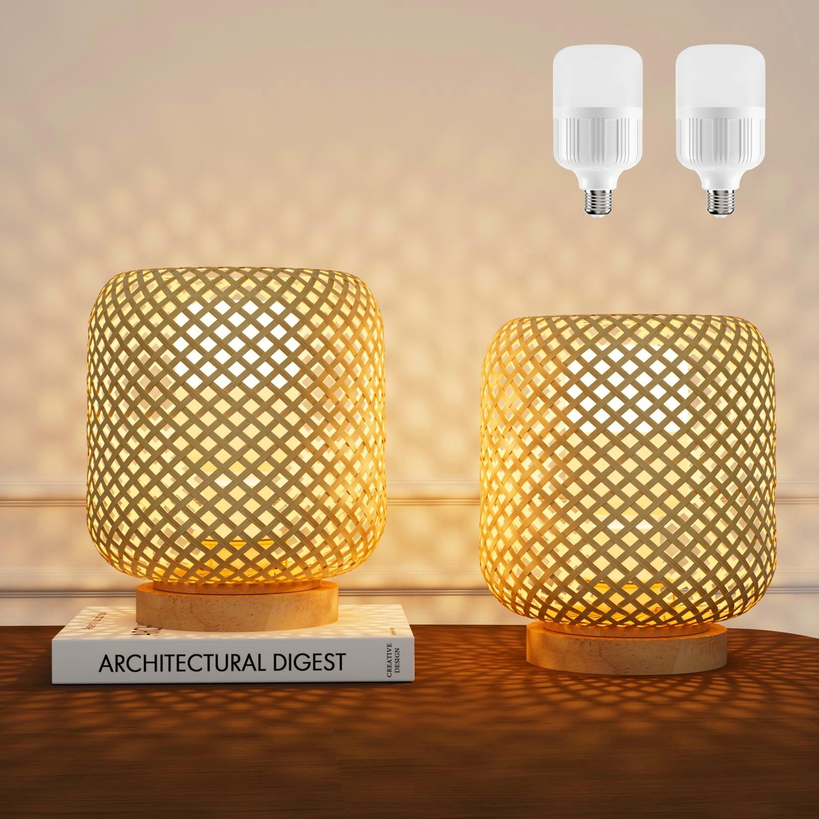 Ralbay Rattan Table Lamp 2Pack Battery Operated 3 Clors Dimmable Small Cordless Table Lamp Rechargeable Remote Control Boho Bamboo for Bedroom(Bulbs Included)