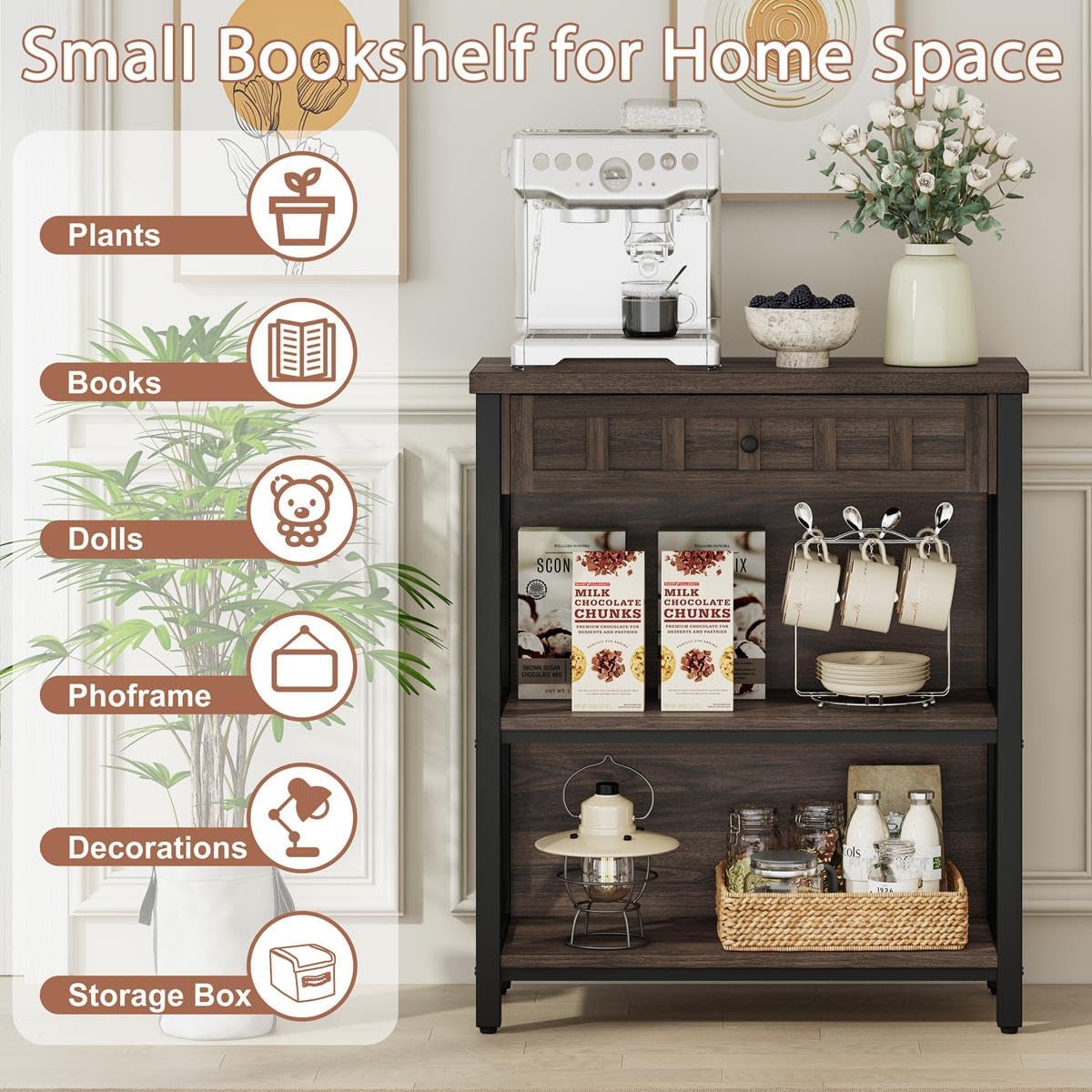 FATORRI Small Bookcase with Drawer, 3 Tier Wood Bookshelf for Small Spaces image 4
