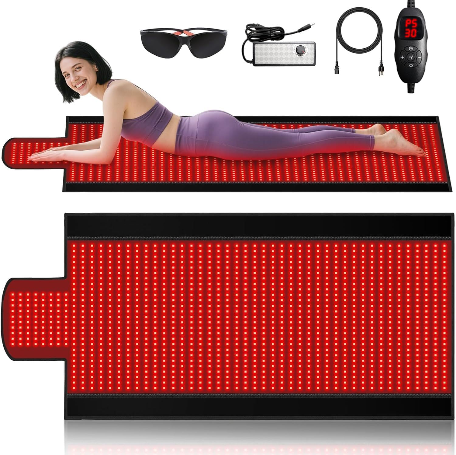 Tapis lumineux rouge de 195,6 x 86,4 cm pour le corps, couverture de lumière rouge, 1370 LED 2 en 1 (660 nm et 850 nm), cuir de qualité supérieure, 3 modes et minuterie réglable