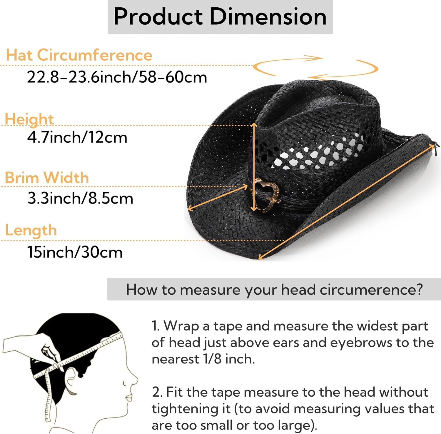 Straw Cowboy Hat, Western Style Summer Coastal Cowgirl Hat with Heart Band, Wide Shapeable Brim, Vacation Beach Sun Hat for Party, Halloween Costumes Black - Image 2