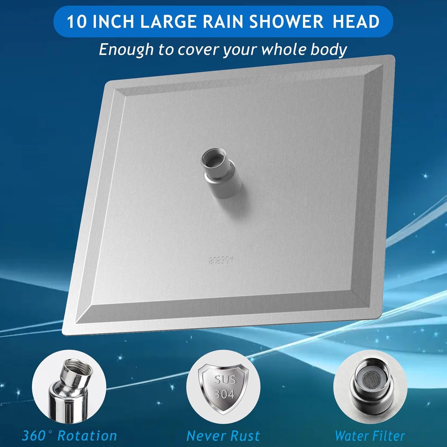 Voolan All Metal Shower Head with Extension Arm, Stainless Steel Waterfall Rainfall Showerheads, High Flow Bathroom Square Rain Shower Head (10’’ Shower Head with 16’’ Shower Arm, Brushed Nickel)