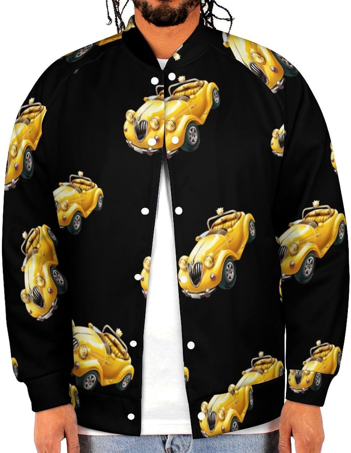 Yellow Cute Car Diamond Novelty Men's Baseball Jackets Causal Sweatshirt Button Top Long Sleeve Coat