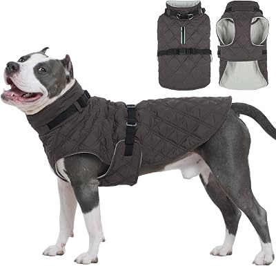 Kuoser Dog Coat Warm Fleece Lining Turtleneck Dog Jacket with Harness Built-in, Adjustable Windproof Cold Weather Coats with Quick Release Buckle Pet Winter Snowsuit for Large Dogs, Grey XL