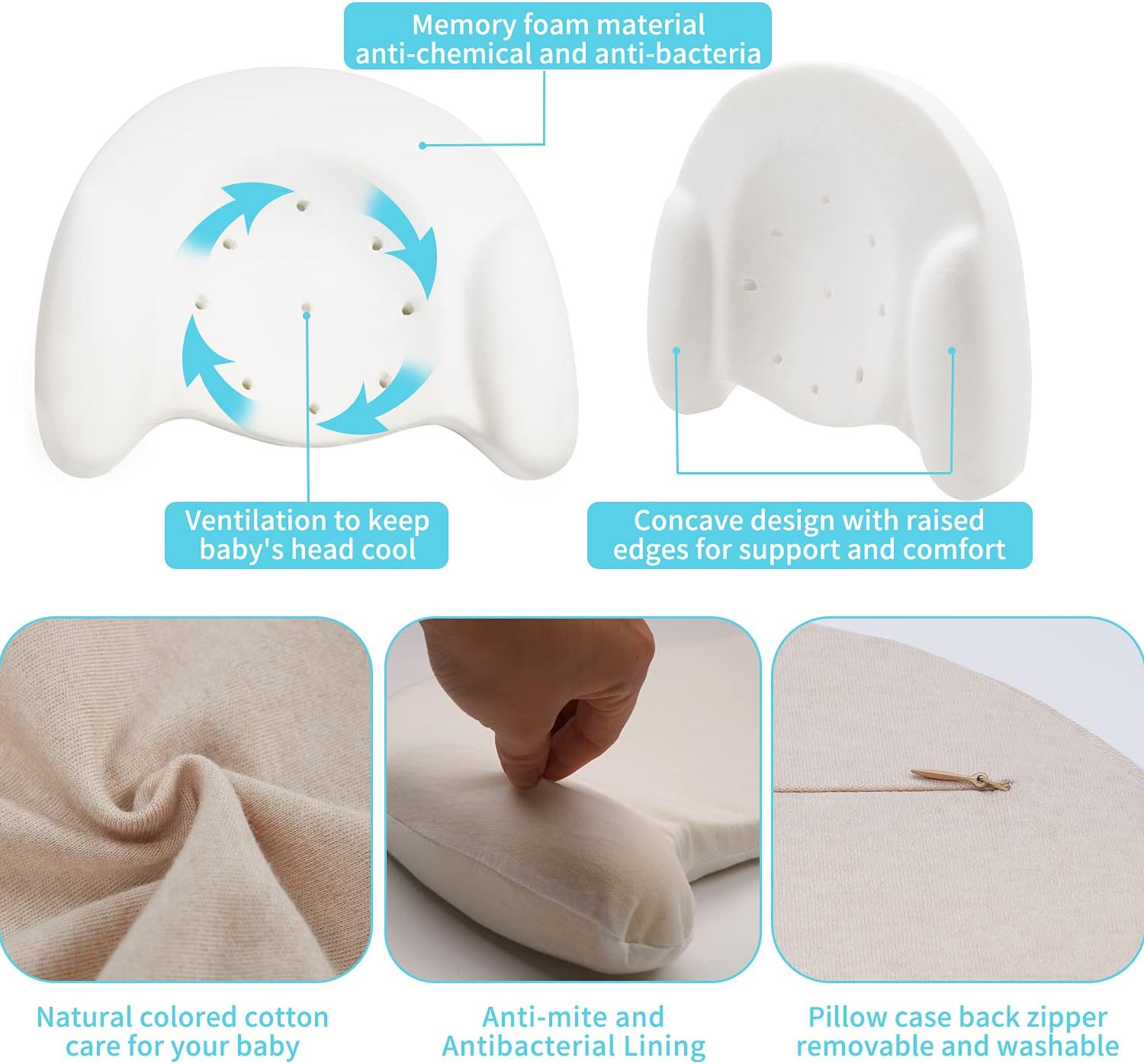 COTTONBEBE Baby Pillow for Newborn Prevent Infant Flat Head Syndrome, Memory Foam Round Toddler Pillow for Sleeping, from 3-36 Months… : Baby