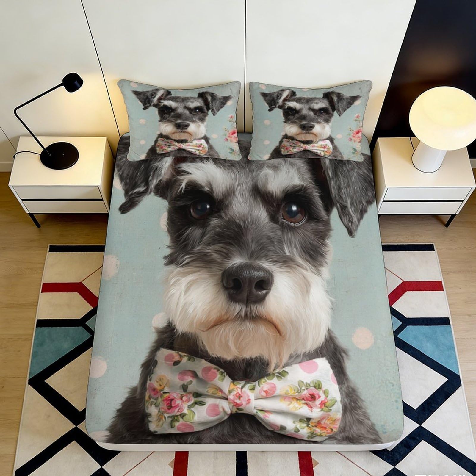Pnayamiorkfel Style-1 3D Printed Schnauzer Dog Portrait Fitted Sheet Microfiber Soft Anti-Slip Floral Bow Mattress Cover For Bedroom Decor 90X200x25cm