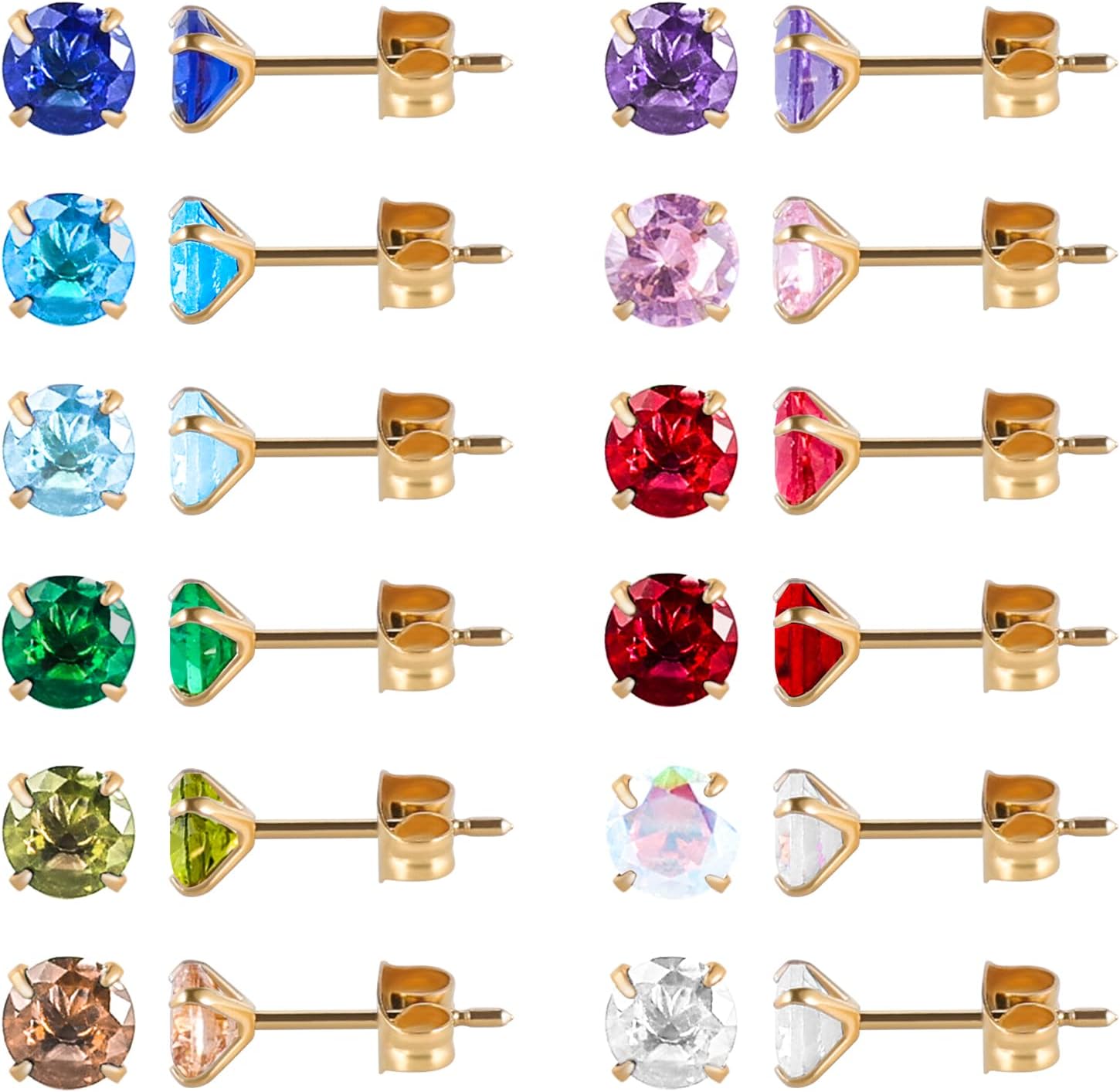 12 Pairs 18K Gold Plated Surgical Stainless Steel Stud Earrings, Star Heart Square Stud Earring for Women, Cubic Zirconia Birthstone Stud Earrings Set