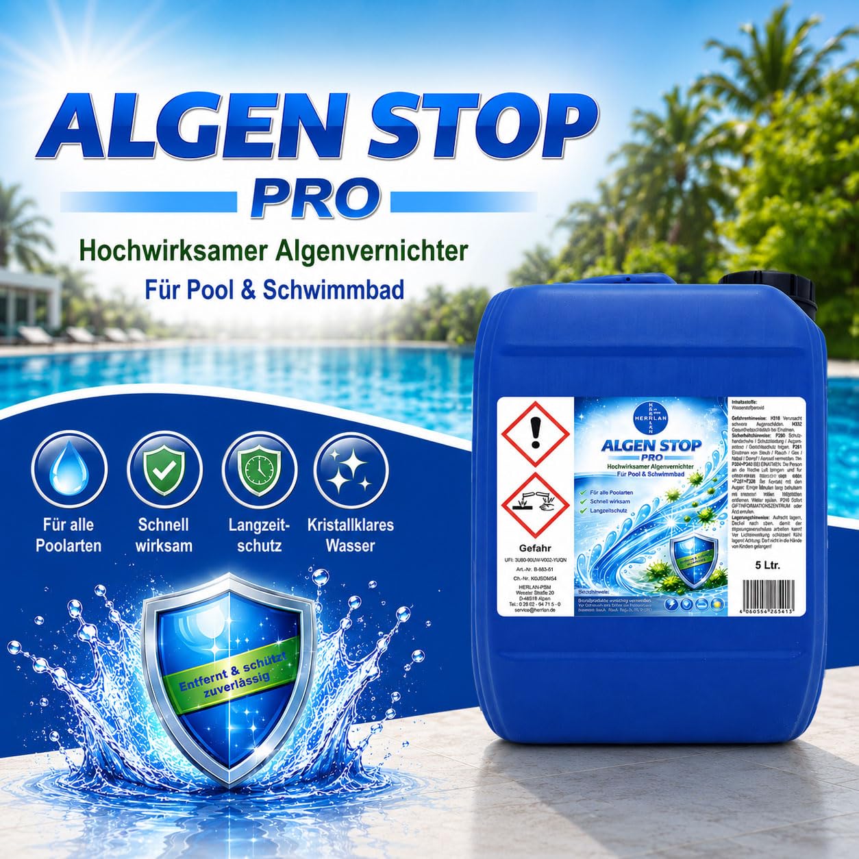 HERRLAN® ALGEN Stop PRO - 5 Liter Algenvernichter für Pool & Schwimmbad | Chlorfreies Algizid zur Algenbekämpfung im Pool, Langzeitformel für die regelmäßige Wasserpflege.