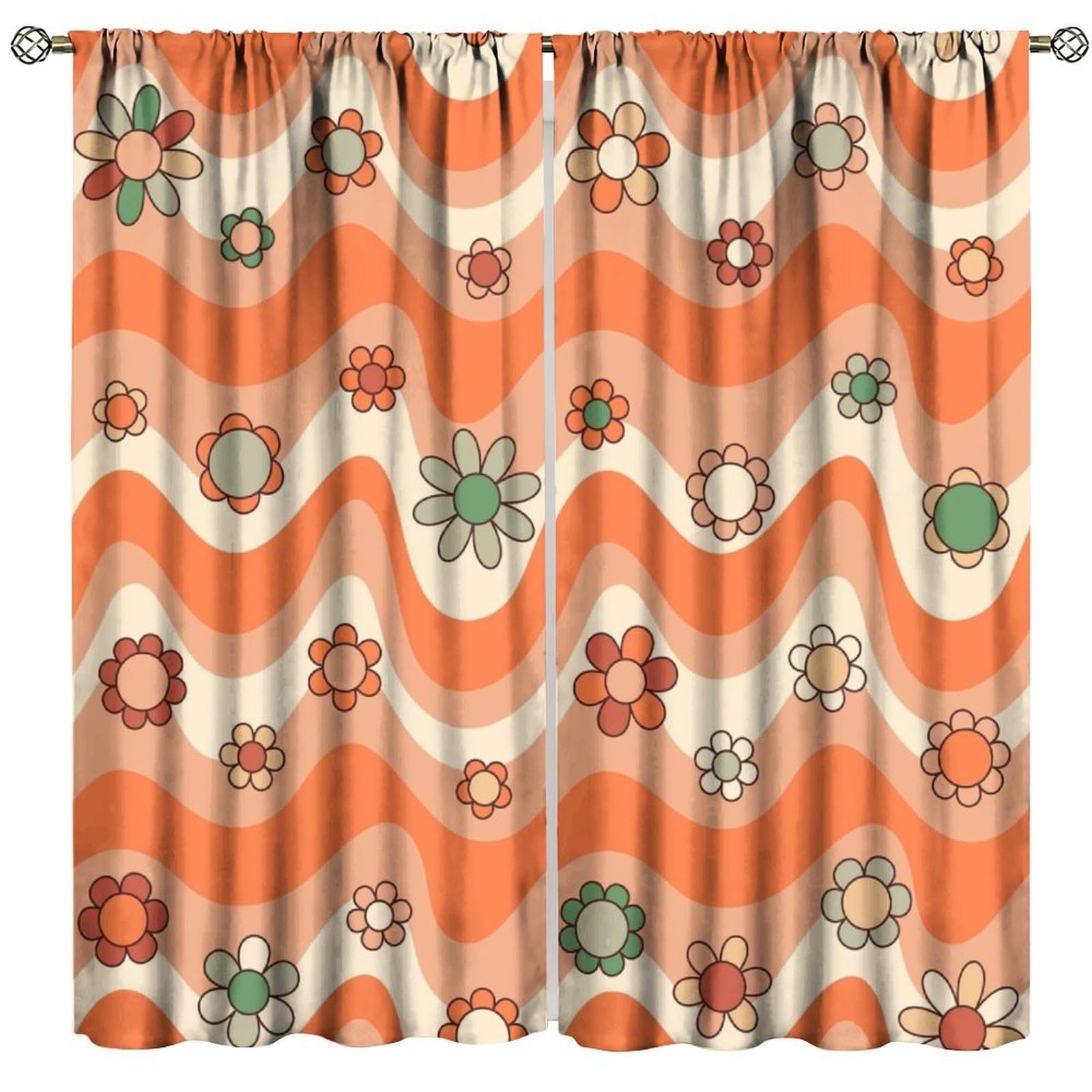 70s Floral Blackout Window Curtain, Vintage Retro Orange Wave Hippie Daisy Flower Cute Rainbow Swirl Boho Funky Trippy Pastel for Home Kitchen Livingroom Coffee Room Window Drapes 2Panel 55"W X 63"L