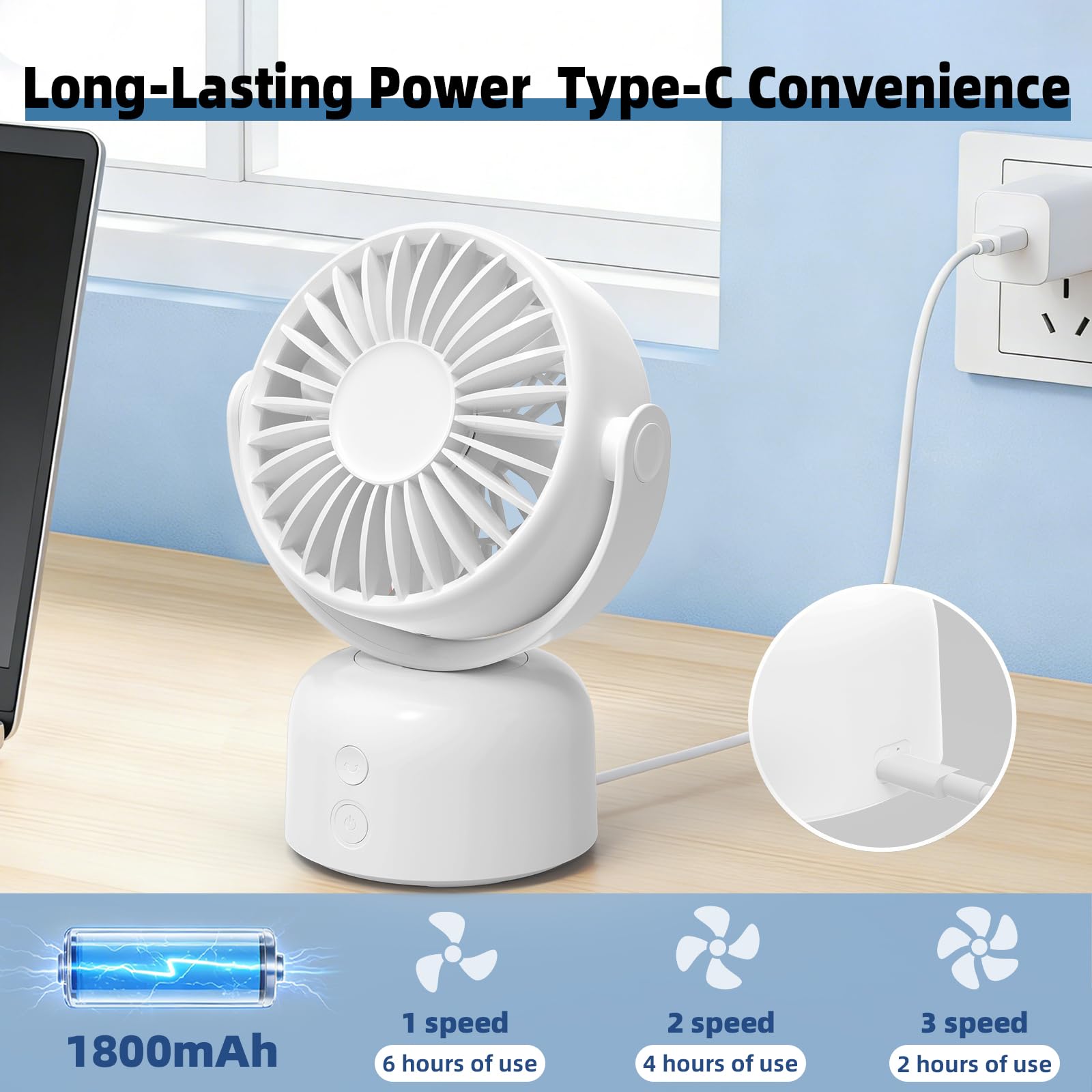 Pequeño ventilador de escritorio oscilante recargable por USB de 3 velocidades, portátil, mini ventilador de refrigeración silencioso para el hogar, oficina, dormitorio