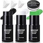 MEICOLY 7Pcs Black White Green Face Body Paint Stick Set with Setting Powder and Sponges,Clown Black White Face Paint,Elphaba Face Paint Makeup,Green Body Paint for Halloween SFX Cosplay Witch Makeup