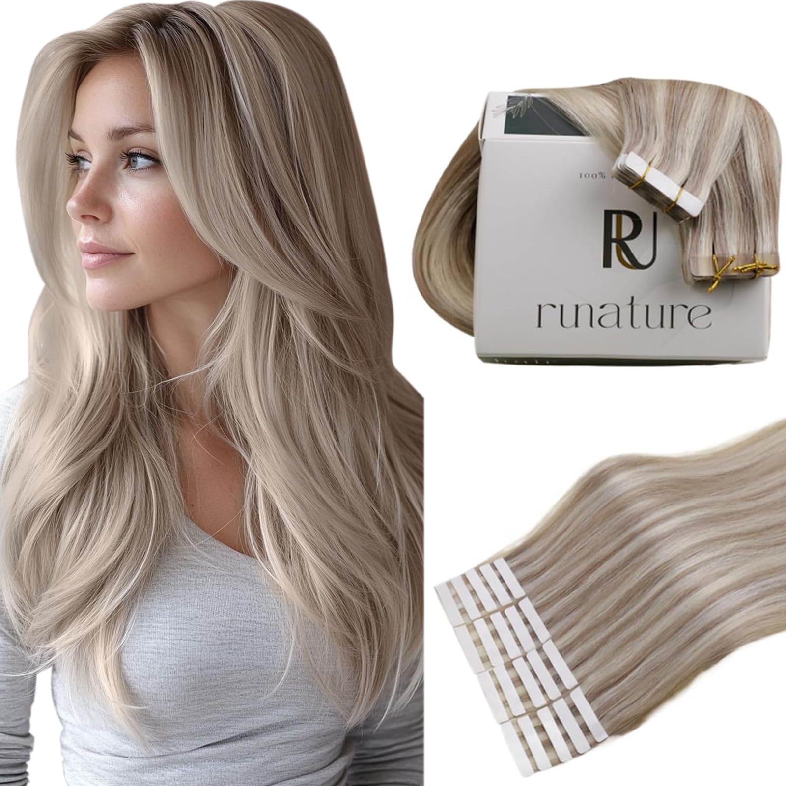 RUNATURE Blonde Tape Hair Extensions Real Human Hair Tape in Hair Extensions Human Hair Invisible Tapes Remy Straight White Blonde Hair 20pcs 50g 18 Inch #800 — view 41