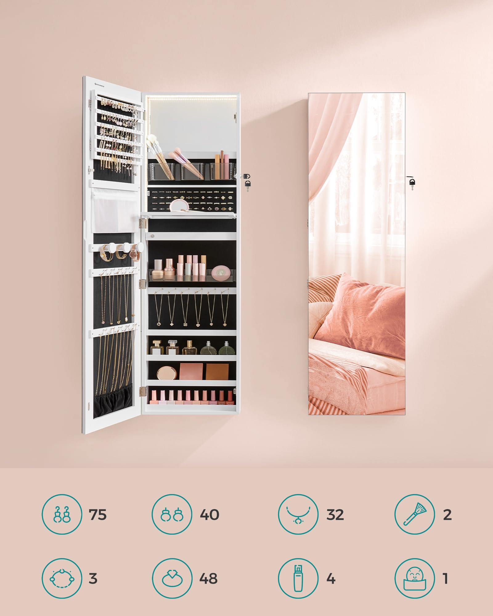 SONGMICS Szafka na biżuterię o wysokości 140 cm, organizer na biżuterię z podświetlanym lustrem wewnętrznym, szafka z lustrem montowana na ścianie lub drzwiach, zamykana, pomysł na prezent, chmurowa