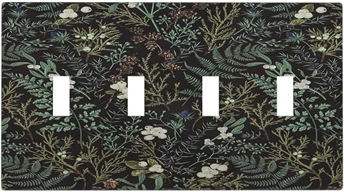 Tewujay Light Switch Cover Tropical Moss Leaf Black Floral 4 Gang Switch Plate Q