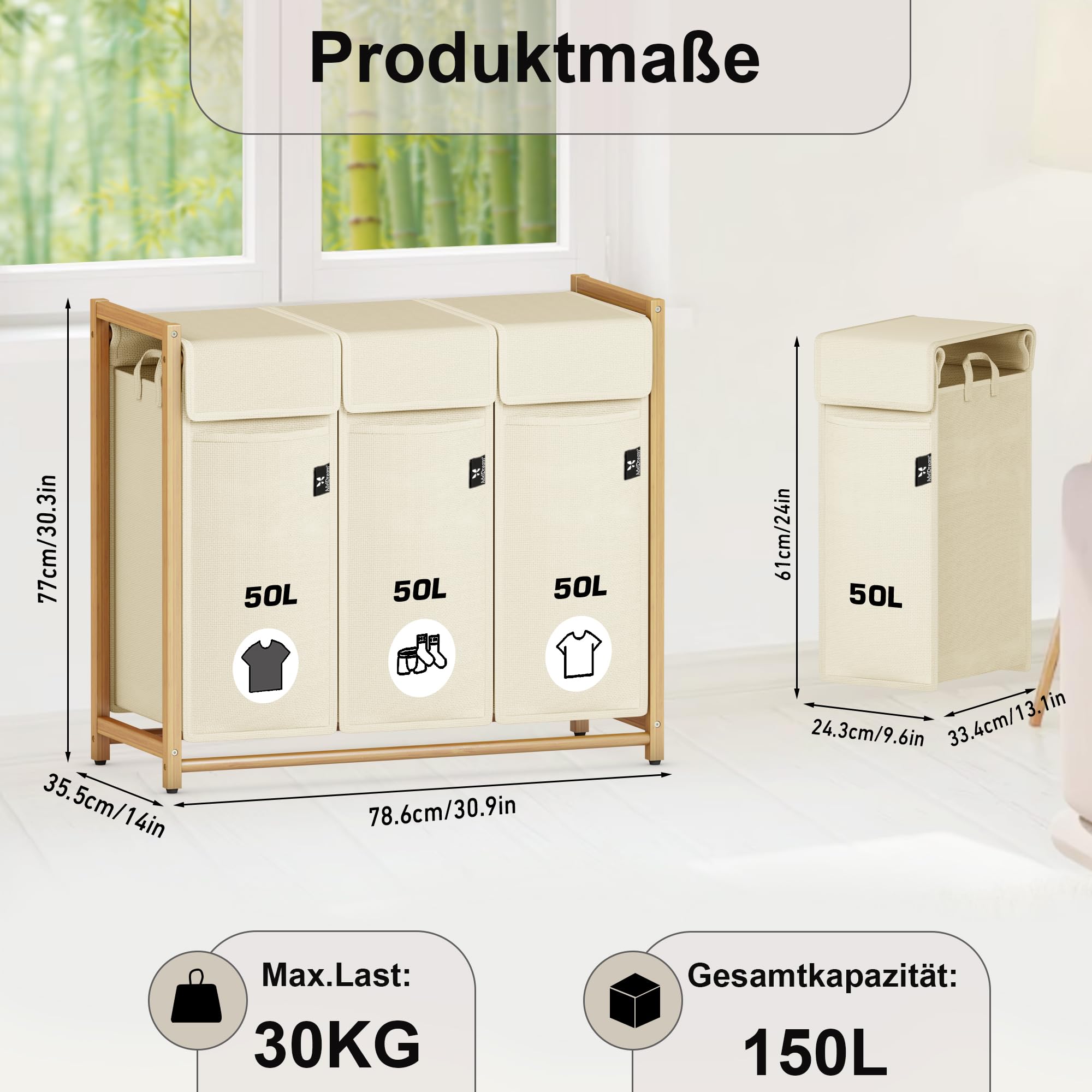 AdelDream Wäschekorb 150L, 3 Fächer Wäschesammler, Bambusrahmen | Wäschesortierer 3 x 50L, abnehmbarer Sack, atmungsaktiv, Beige