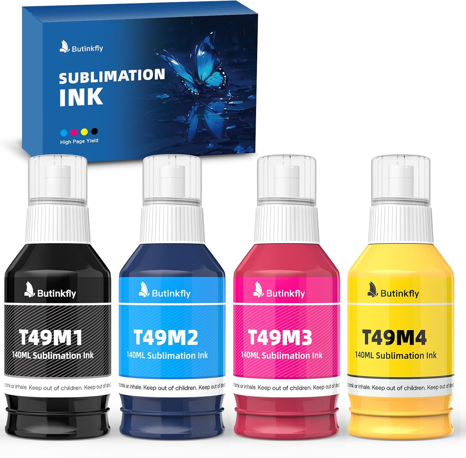 140mlx4 Clog-Free T49M Sublimation Ink Compatible with Epson SureColor F170 F570 Sublimation Printer | ICC-Free | Leak-Proof Design | Vivid Color & Anti-Fade Guaranteed | Fast-Drying(B/C/M/Y)