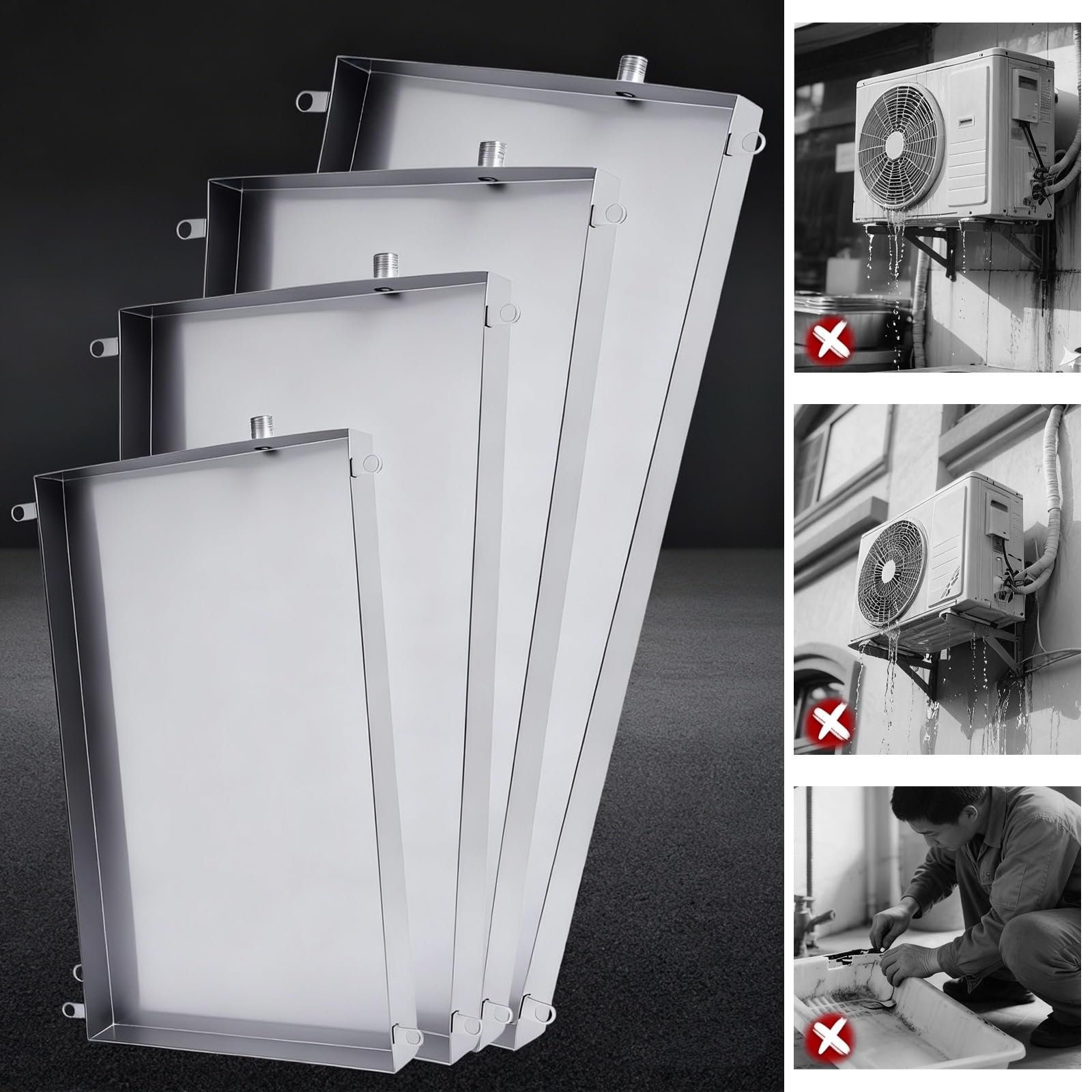 Bandeja de goteo de acero inoxidable 304 para acondicionadores de aire, diseño soldado sin costuras con manguera Dr de 40 x 150 x 4 cm / 16x59x1.6in, eficiente ideal para unidades al aire libre